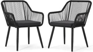 ECOTOUGE Set of 2 Outdoor Dining Chairs, Patio Wicker All-Weather Woven Rattan & Iron Chairs w/Cushions & Armrests, 350lb Capacity Modern Seating for Garden, Poolside, Balcony, Indoor Use, Black