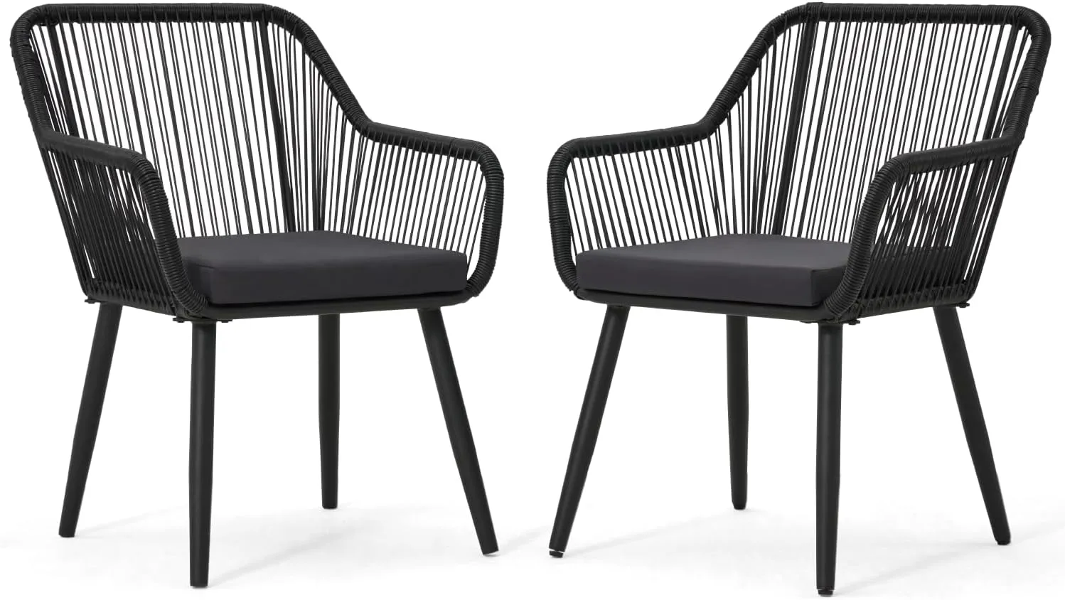 ECOTOUGE Set of 2 Outdoor Dining Chairs, Patio Wicker All-Weather Woven Rattan & Iron Chairs w/Cushions & Armrests, 350lb Capacity Modern Seating for Garden, Poolside, Balcony, Indoor Use, Black