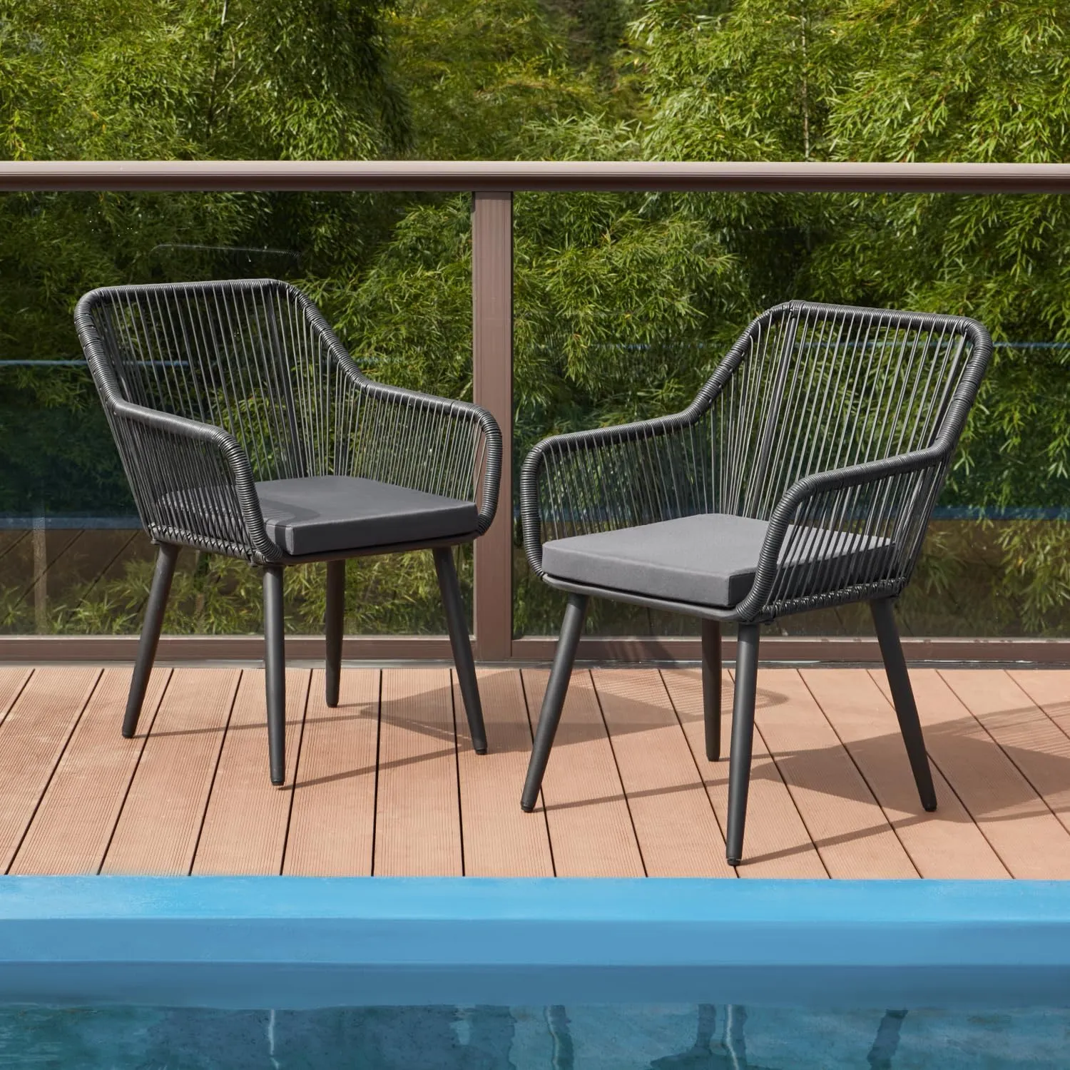 ECOTOUGE Set of 2 Outdoor Dining Chairs, Patio Wicker All-Weather Woven Rattan & Iron Chairs w/Cushions & Armrests, 350lb Capacity Modern Seating for Garden, Poolside, Balcony, Indoor Use, Black