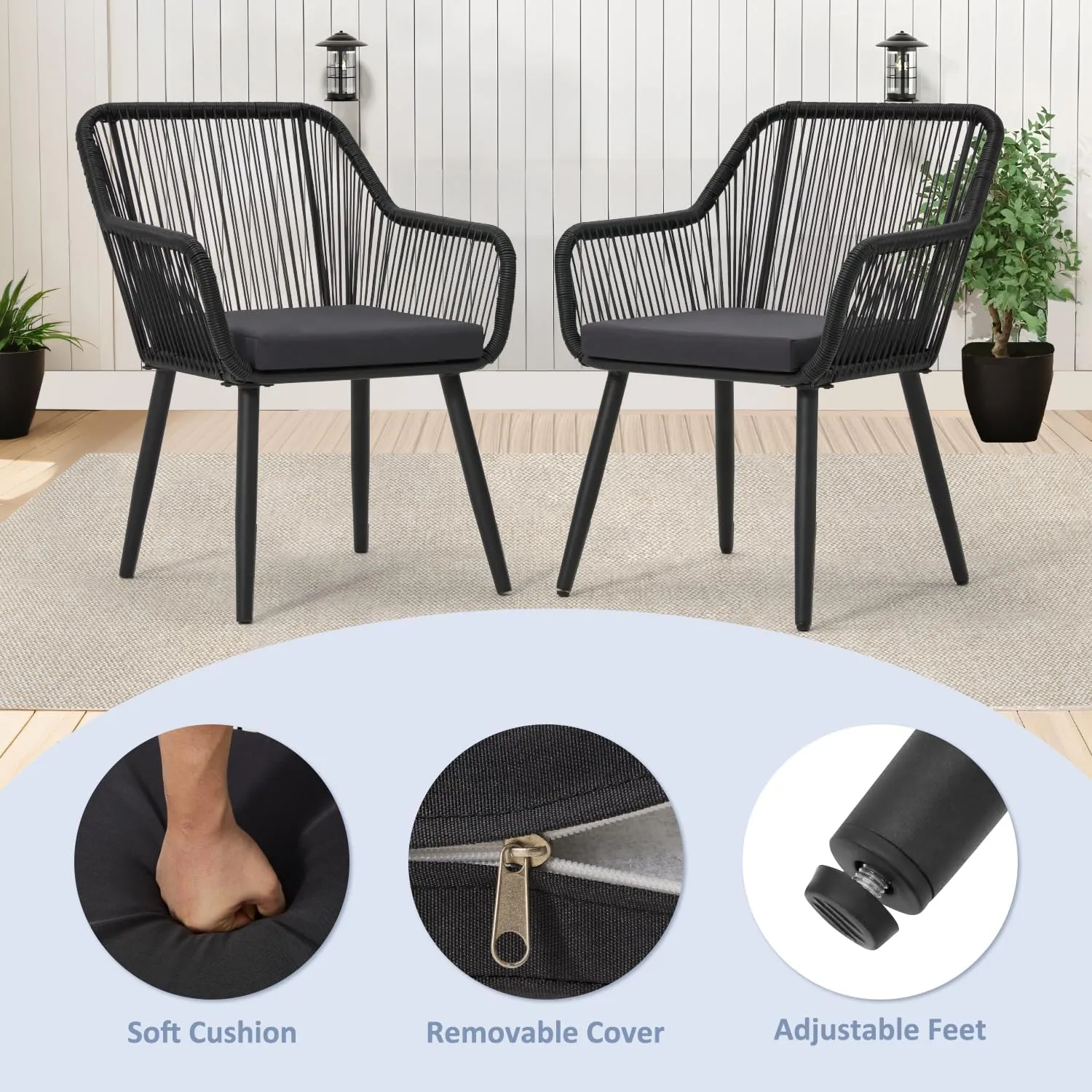 ECOTOUGE Set of 2 Outdoor Dining Chairs, Patio Wicker All-Weather Woven Rattan & Iron Chairs w/Cushions & Armrests, 350lb Capacity Modern Seating for Garden, Poolside, Balcony, Indoor Use, Black