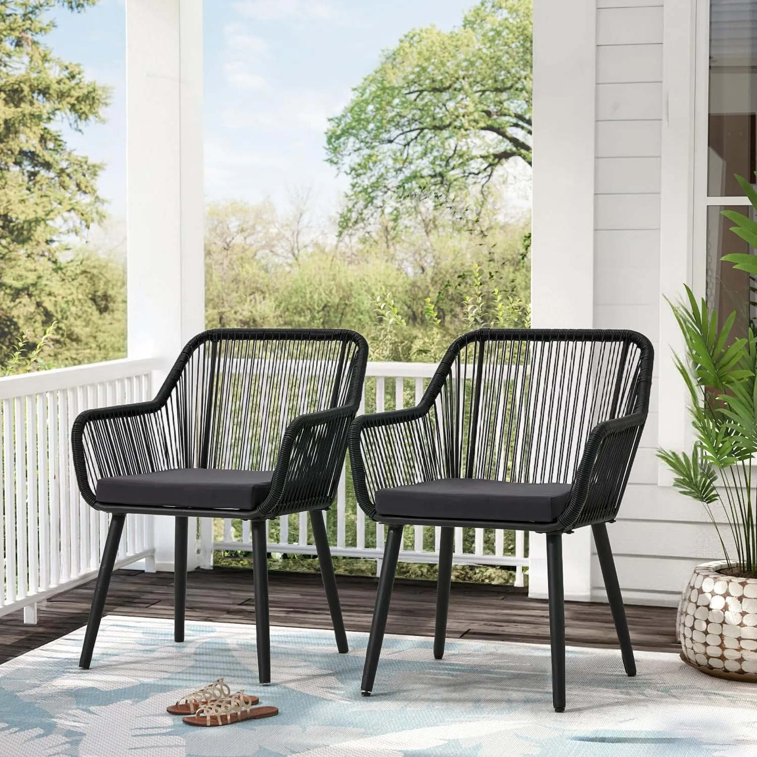ECOTOUGE Set of 2 Outdoor Dining Chairs, Patio Wicker All-Weather Woven Rattan & Iron Chairs w/Cushions & Armrests, 350lb Capacity Modern Seating for Garden, Poolside, Balcony, Indoor Use, Black