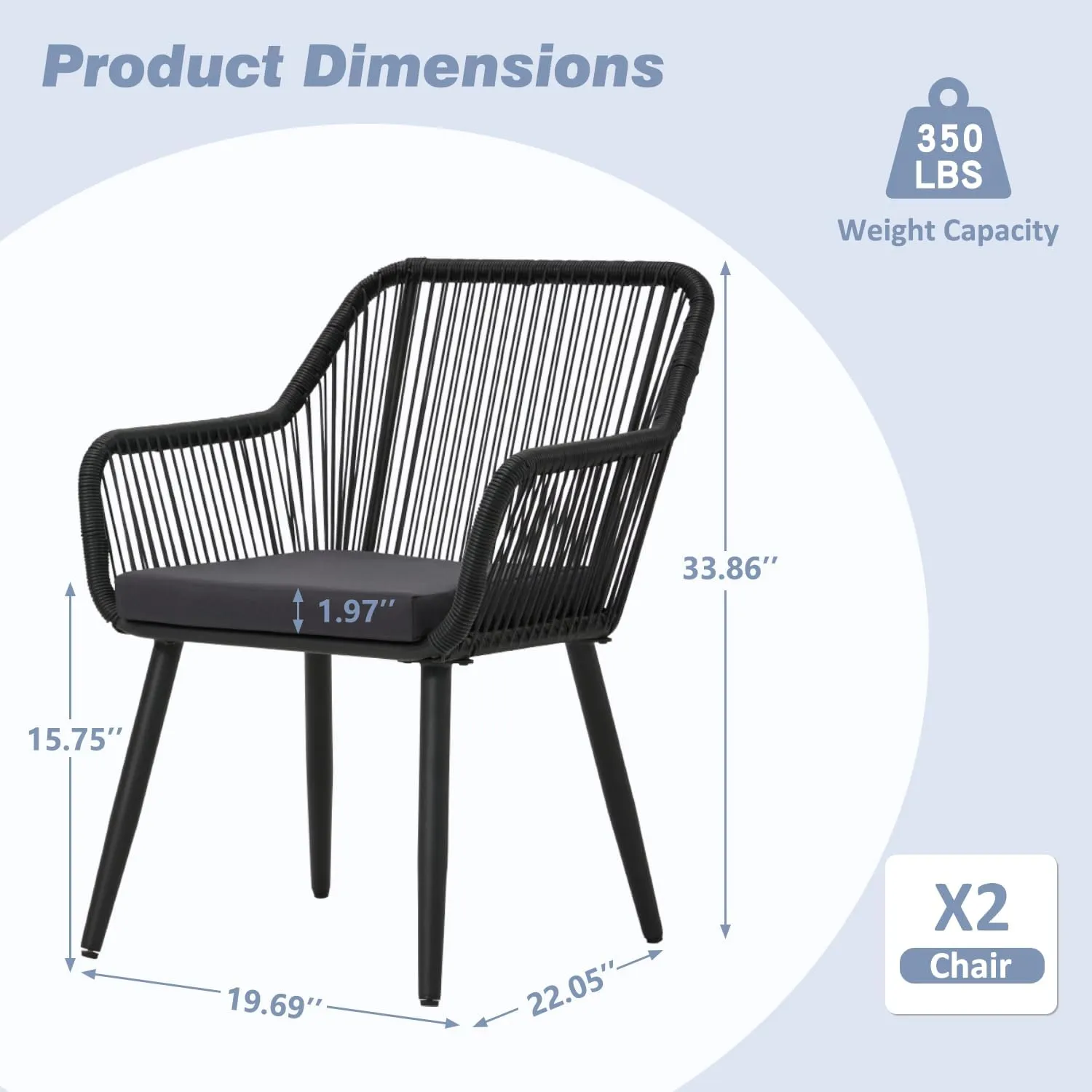 ECOTOUGE Set of 2 Outdoor Dining Chairs, Patio Wicker All-Weather Woven Rattan & Iron Chairs w/Cushions & Armrests, 350lb Capacity Modern Seating for Garden, Poolside, Balcony, Indoor Use, Black