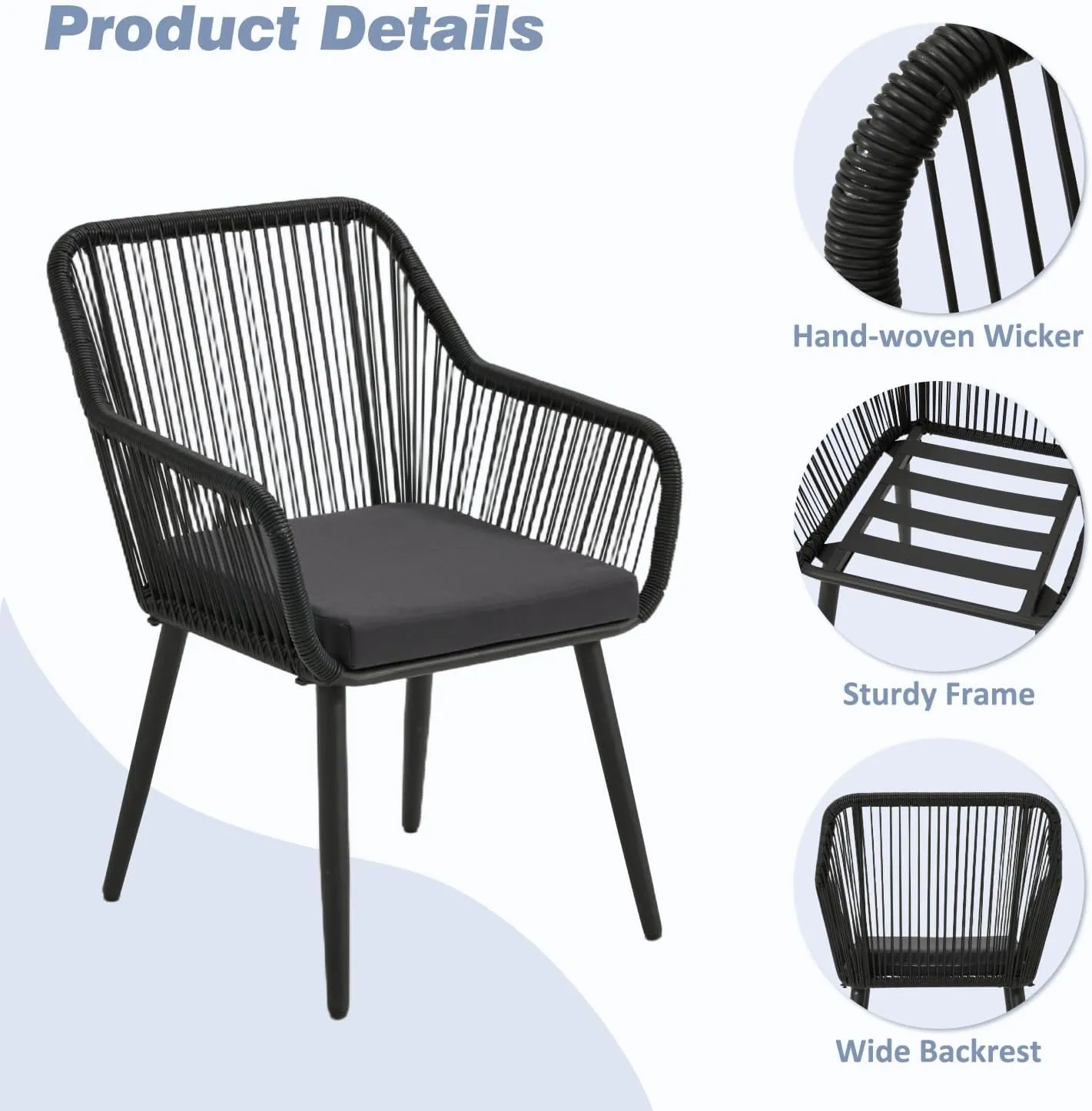 ECOTOUGE Set of 2 Outdoor Dining Chairs, Patio Wicker All-Weather Woven Rattan & Iron Chairs w/Cushions & Armrests, 350lb Capacity Modern Seating for Garden, Poolside, Balcony, Indoor Use, Black