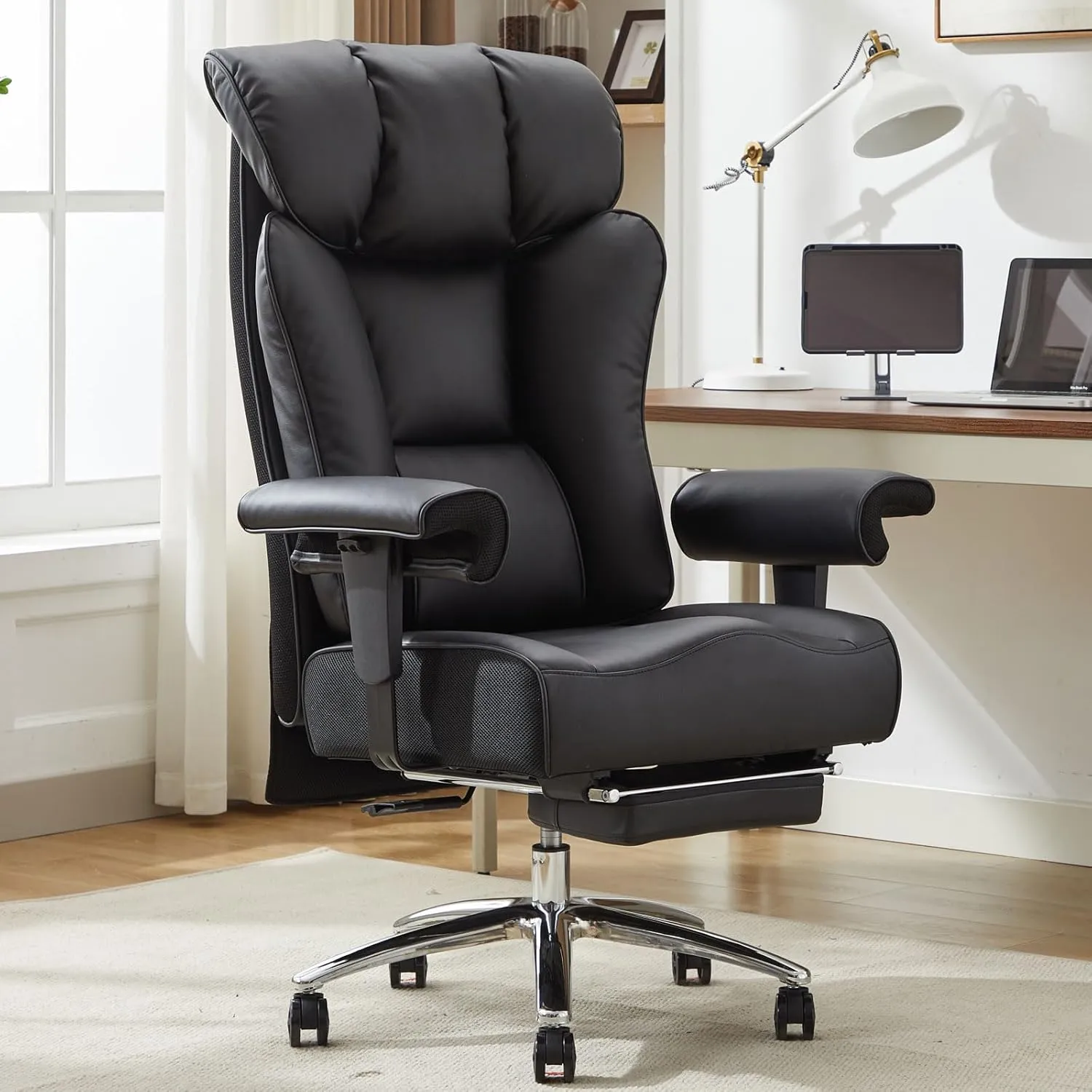 Efomao Ergonomic Office Chair 450LBS with Foot Rest, High Back PU Leather Executive Office Chair with Adjustable Armrests, Lumbar Support for Home or Work, Computer Chair, Black