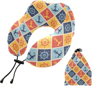 Eionryn Nautical Steer Wheels Anchors Travel Pillow Memory Foam Neck Pillow with Travel Bag Soft for Headrest Sleep Airplane Car Travel Home,Office