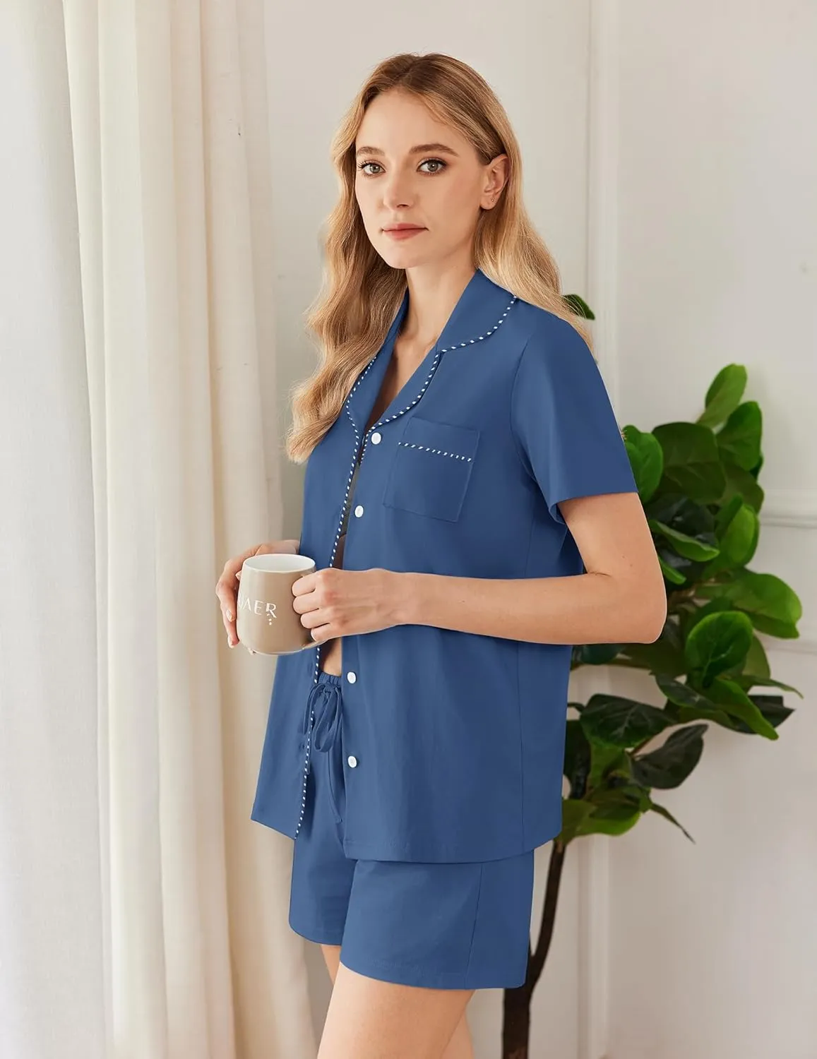 Ekouaer Pajama Set Women Classic Loose Short Sleeve Button Down Pjs Set Soft Sleepwear Loungewear with Pockets