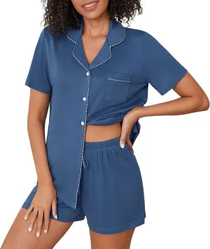 Ekouaer Pajama Set Women Classic Loose Short Sleeve Button Down Pjs Set Soft Sleepwear Loungewear with Pockets