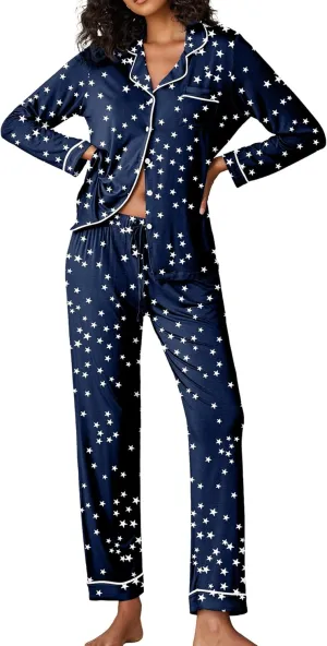 Ekouaer Pajamas Women's Long Sleeve Sleepwear Soft Button Down Loungewear Pjs Lounge Set Nightwear XS-XXL