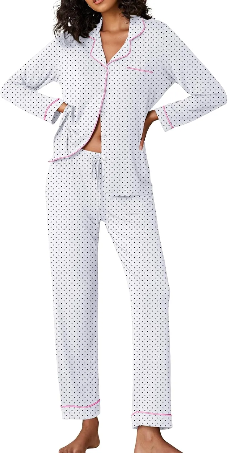 Ekouaer Pajamas Women's Long Sleeve Sleepwear Soft Button Down Loungewear Pjs Lounge Set Nightwear XS-XXL