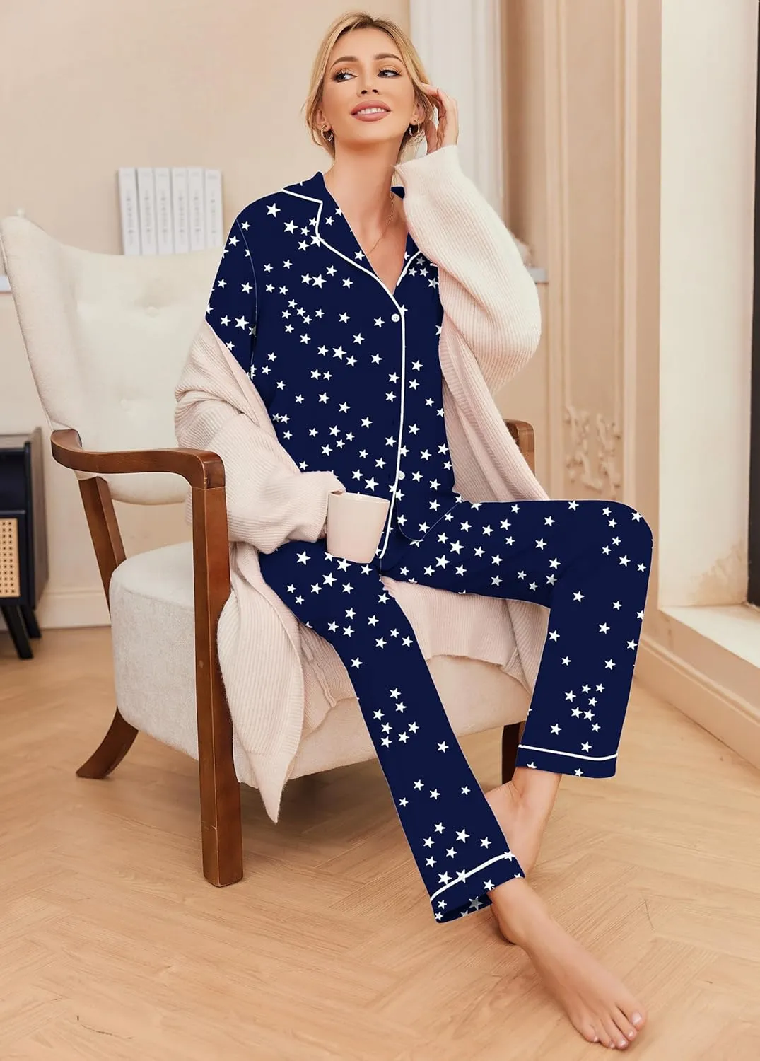 Ekouaer Pajamas Women's Long Sleeve Sleepwear Soft Button Down Loungewear Pjs Lounge Set Nightwear XS-XXL