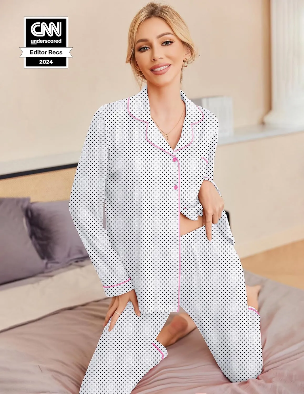 Ekouaer Pajamas Women's Long Sleeve Sleepwear Soft Button Down Loungewear Pjs Lounge Set Nightwear XS-XXL