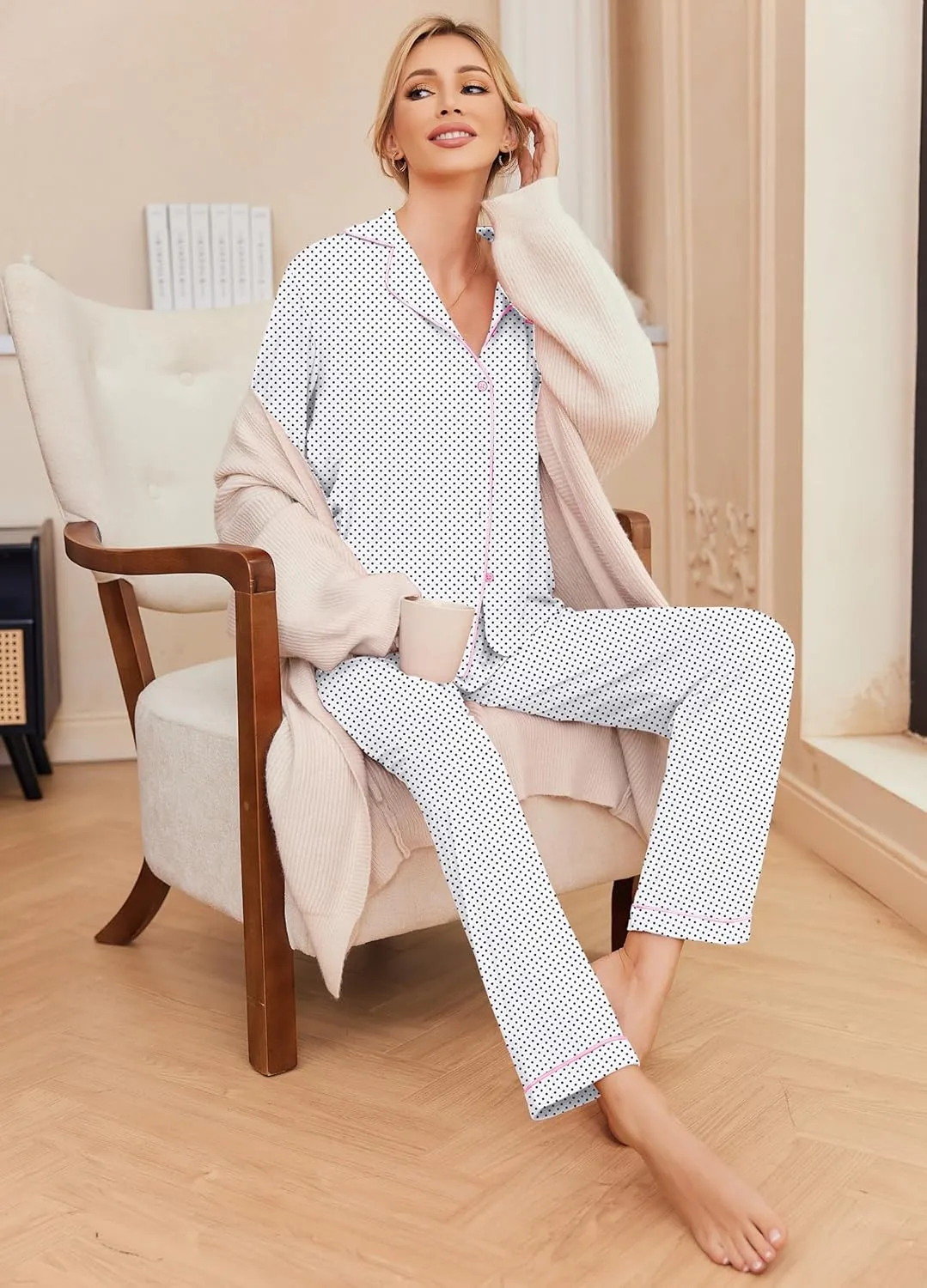 Ekouaer Pajamas Women's Long Sleeve Sleepwear Soft Button Down Loungewear Pjs Lounge Set Nightwear XS-XXL