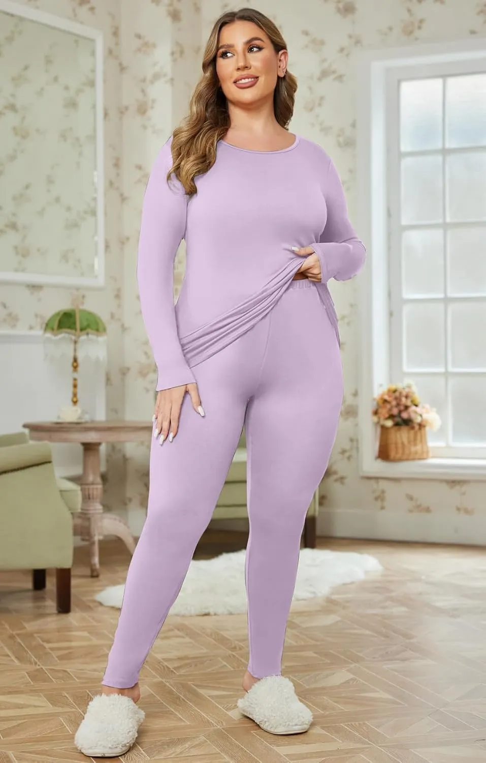 Ekouaer Plus Size Womens Long Underwear Set Oversize Thermal Set Lightweight Base Layer Pajamas 2 PCS Warm Tops & Bottom