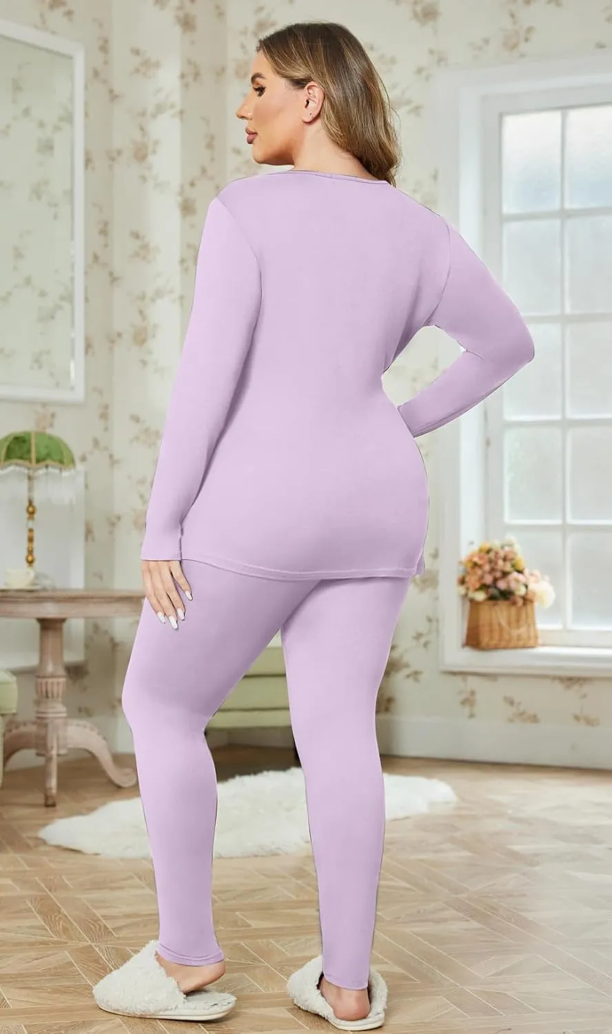 Ekouaer Plus Size Womens Long Underwear Set Oversize Thermal Set Lightweight Base Layer Pajamas 2 PCS Warm Tops & Bottom