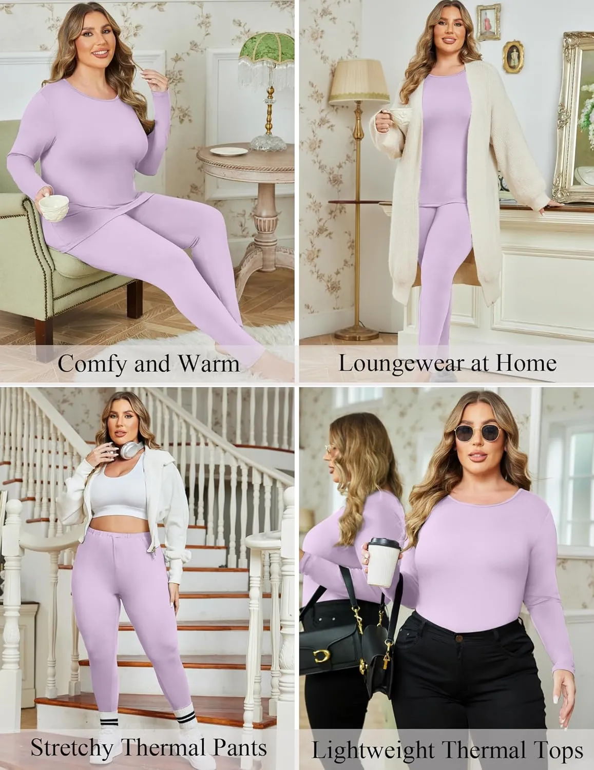Ekouaer Plus Size Womens Long Underwear Set Oversize Thermal Set Lightweight Base Layer Pajamas 2 PCS Warm Tops & Bottom