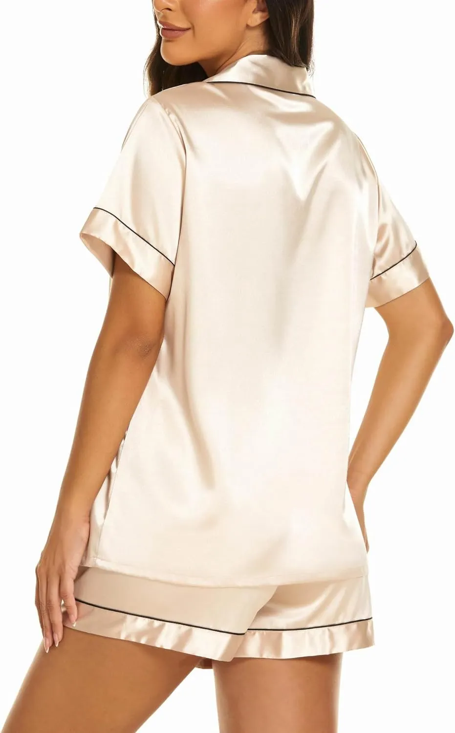 Ekouaer Silk Pajama Sets Womens 2 Piece Short Sleeve Sleepwear Soft Button Down Loungewear Satin Pjs Shorts Lounge Set S-XXL