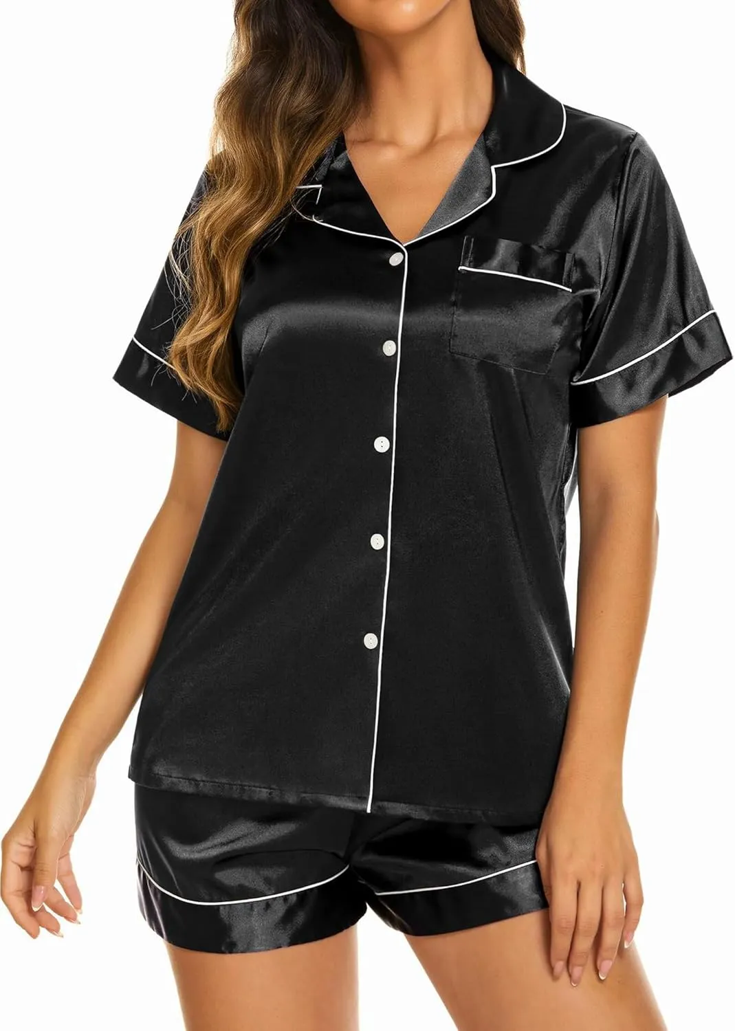Ekouaer Silk Pajama Sets Womens 2 Piece Short Sleeve Sleepwear Soft Button Down Loungewear Satin Pjs Shorts Lounge Set S-XXL