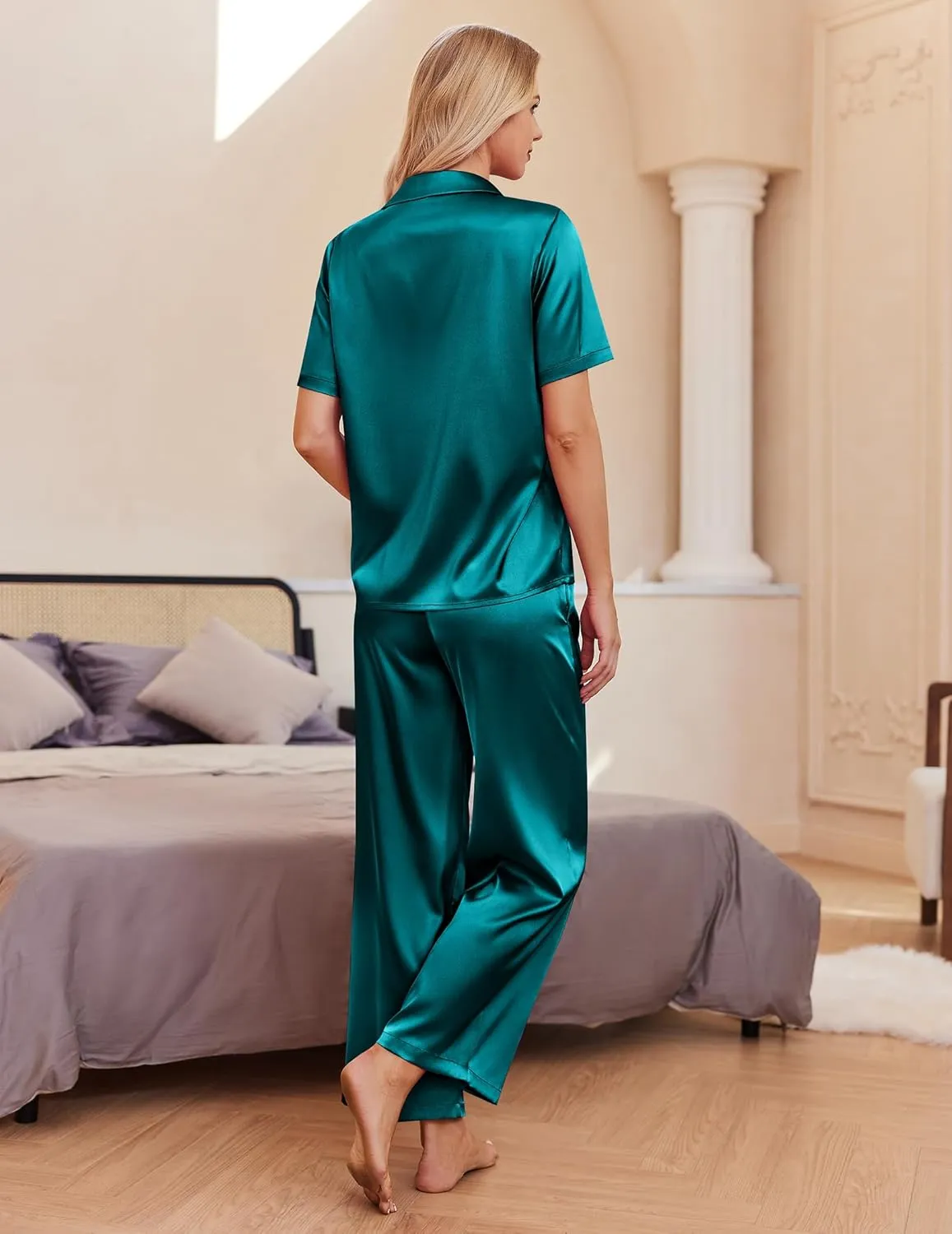 Ekouaer Silk Pajamas for Womens Set 2 Piece Satin Pjs Soft Button Down Sleepwear Wide Leg Long Pants with Pockets
