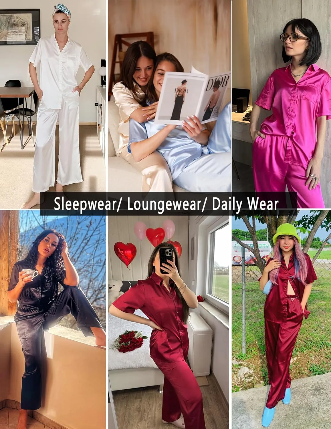 Ekouaer Silk Pajamas for Womens Set 2 Piece Satin Pjs Soft Button Down Sleepwear Wide Leg Long Pants with Pockets