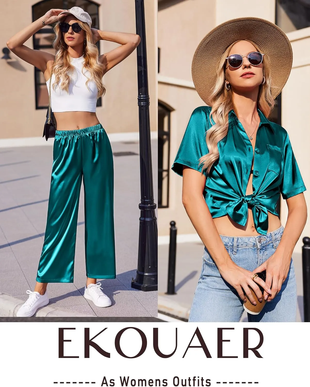 Ekouaer Silk Pajamas for Womens Set 2 Piece Satin Pjs Soft Button Down Sleepwear Wide Leg Long Pants with Pockets