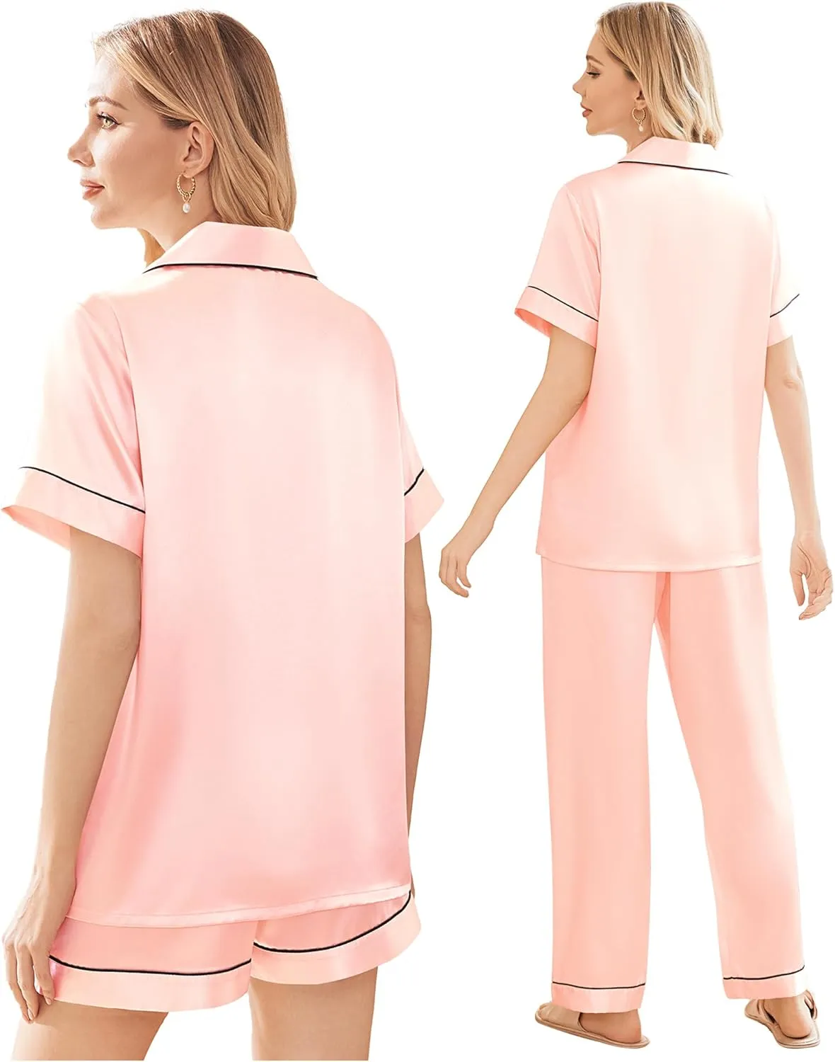 Ekouaer Silk Satin Pajama Set for Women Soft Short Sleeve Button Down Pj Sets 3 Piece Sleepwear Loungewear S-XXL