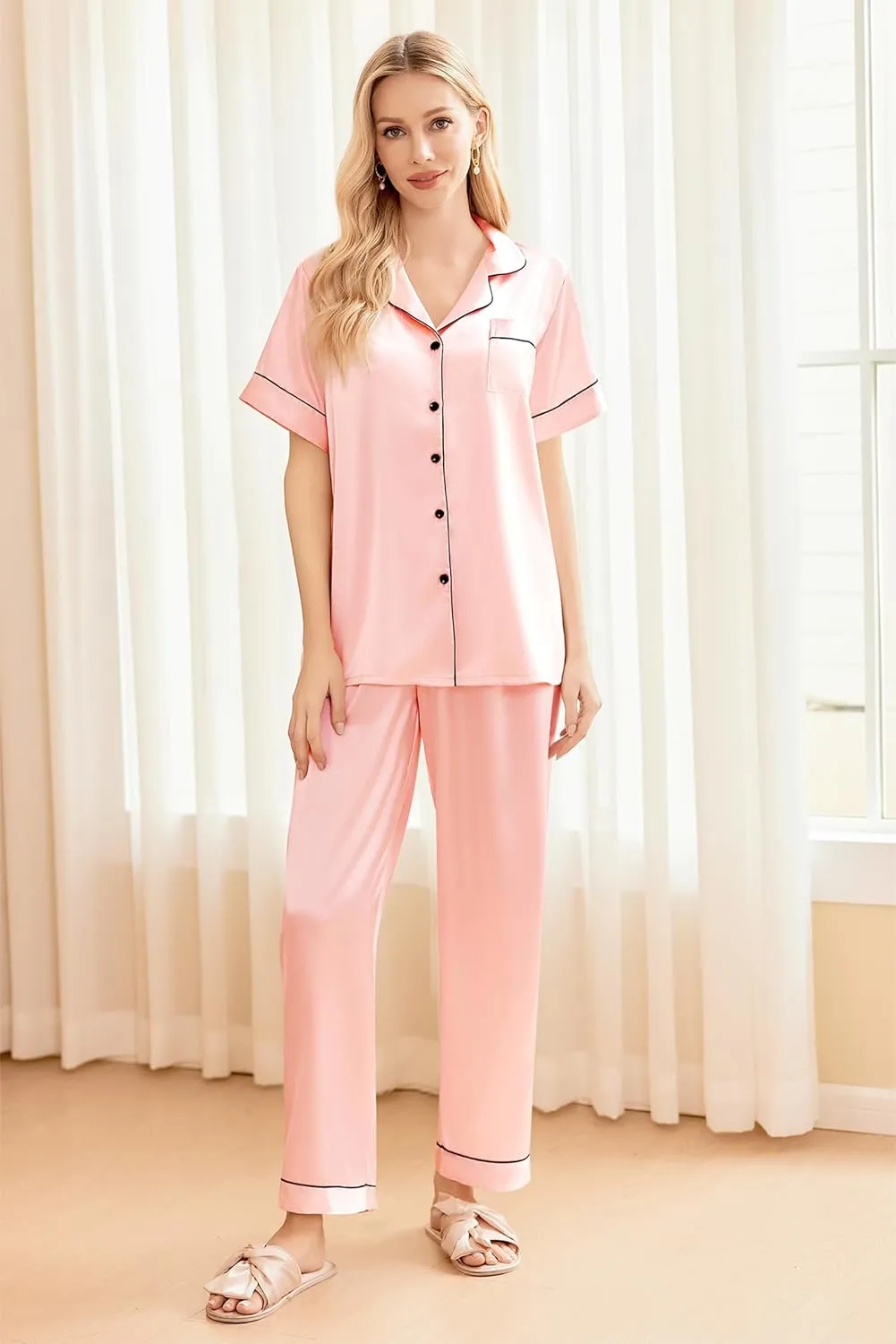 Ekouaer Silk Satin Pajama Set for Women Soft Short Sleeve Button Down Pj Sets 3 Piece Sleepwear Loungewear S-XXL