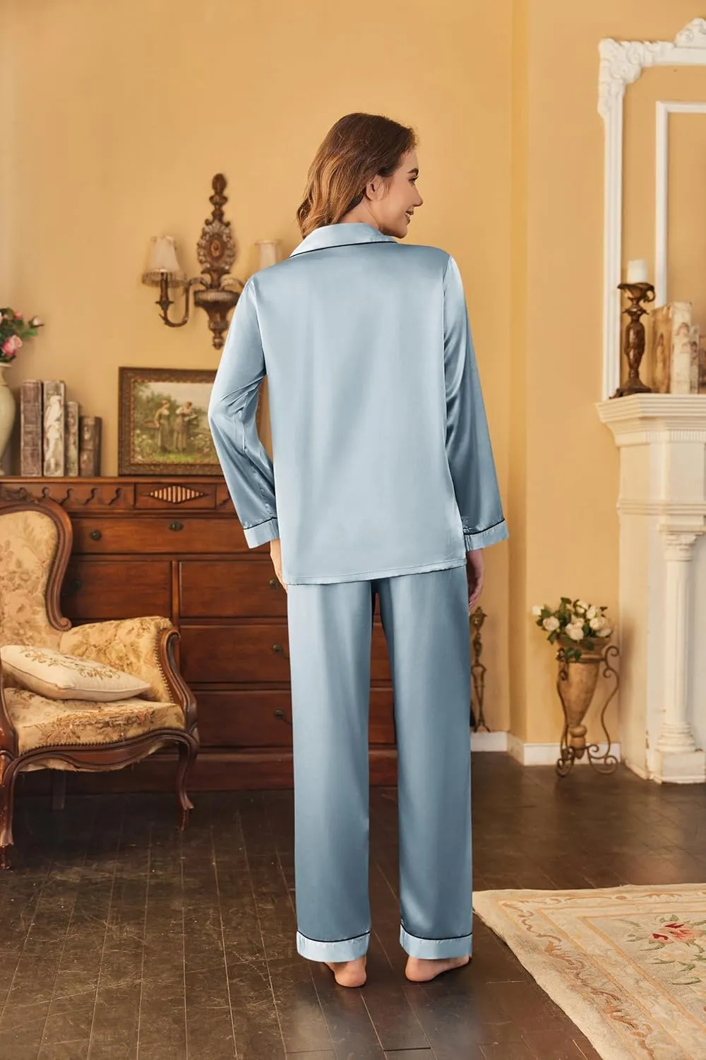 Ekouaer Women's Classic Button Down Long Satin Silk Pajama Set