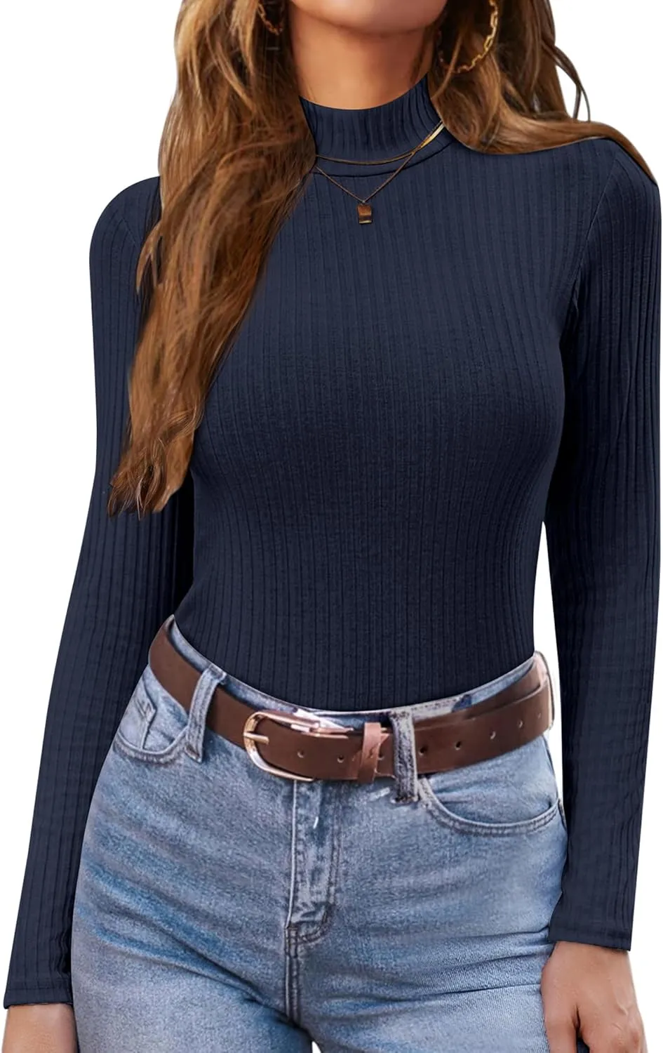 Ekouaer Women's Mock Turtleneck Long Sleeve Shirts Ribbed Knit Lightweight Pullover Sweater Stretch Fitted Thermal Top