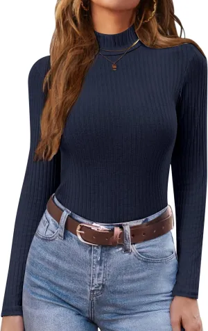 Ekouaer Women's Mock Turtleneck Long Sleeve Shirts Ribbed Knit Lightweight Pullover Sweater Stretch Fitted Thermal Top
