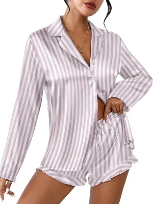 Ekouaer Womens Satin Pajama Sets Long Sleeve Top and Shorts Lounge Set Button Down Sleepwear