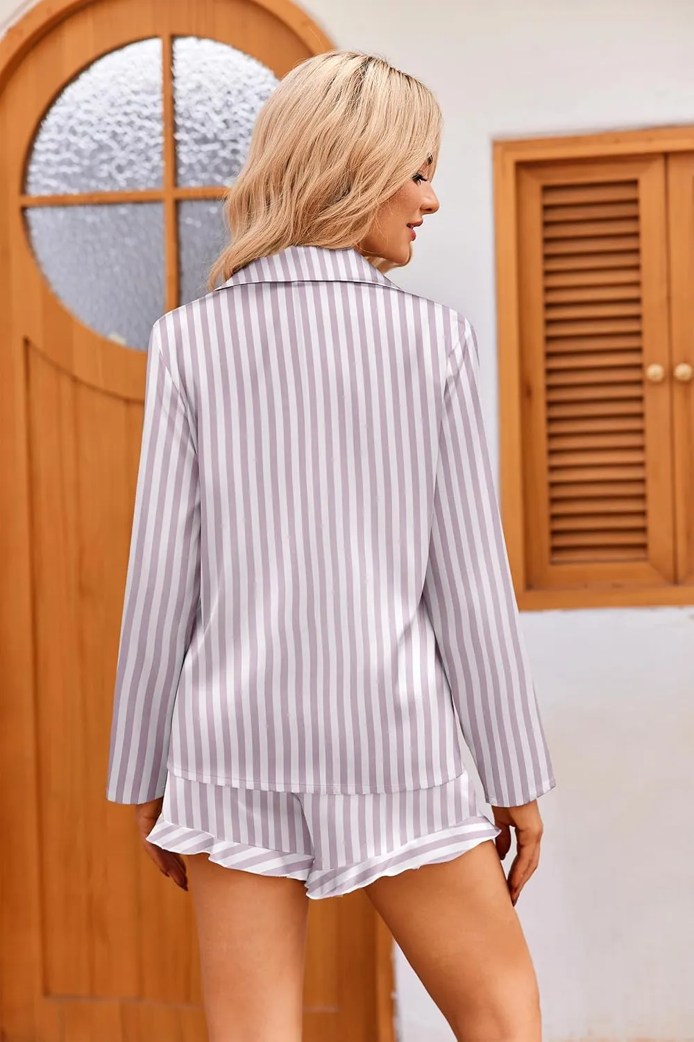 Ekouaer Womens Satin Pajama Sets Long Sleeve Top and Shorts Lounge Set Button Down Sleepwear