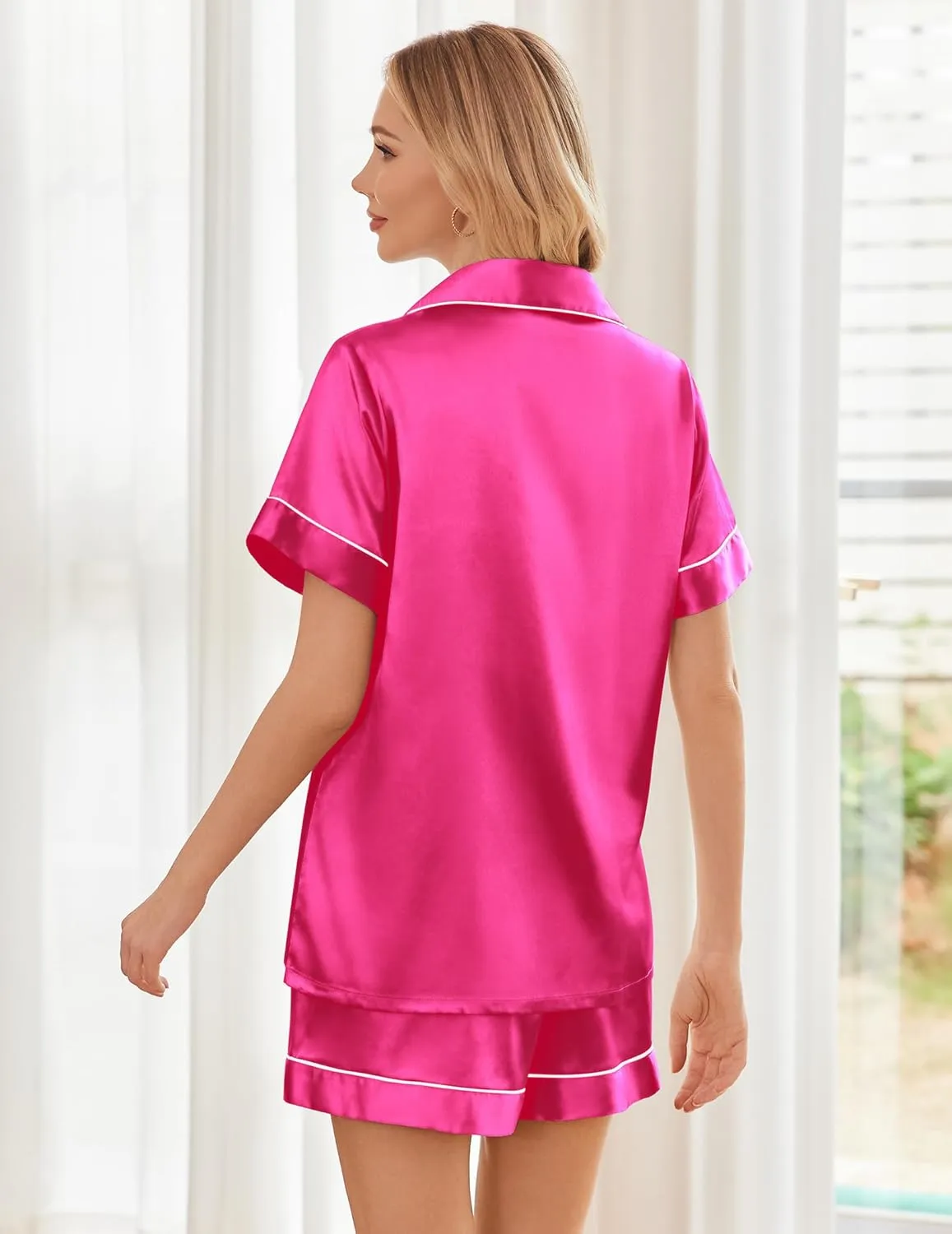 Ekouaer Womens Silk Satin Pajama Sets Soft Short Sleeve Button Down Sleepwear Top and Shorts 2 Piece Pjs Lounge Set S-XXL