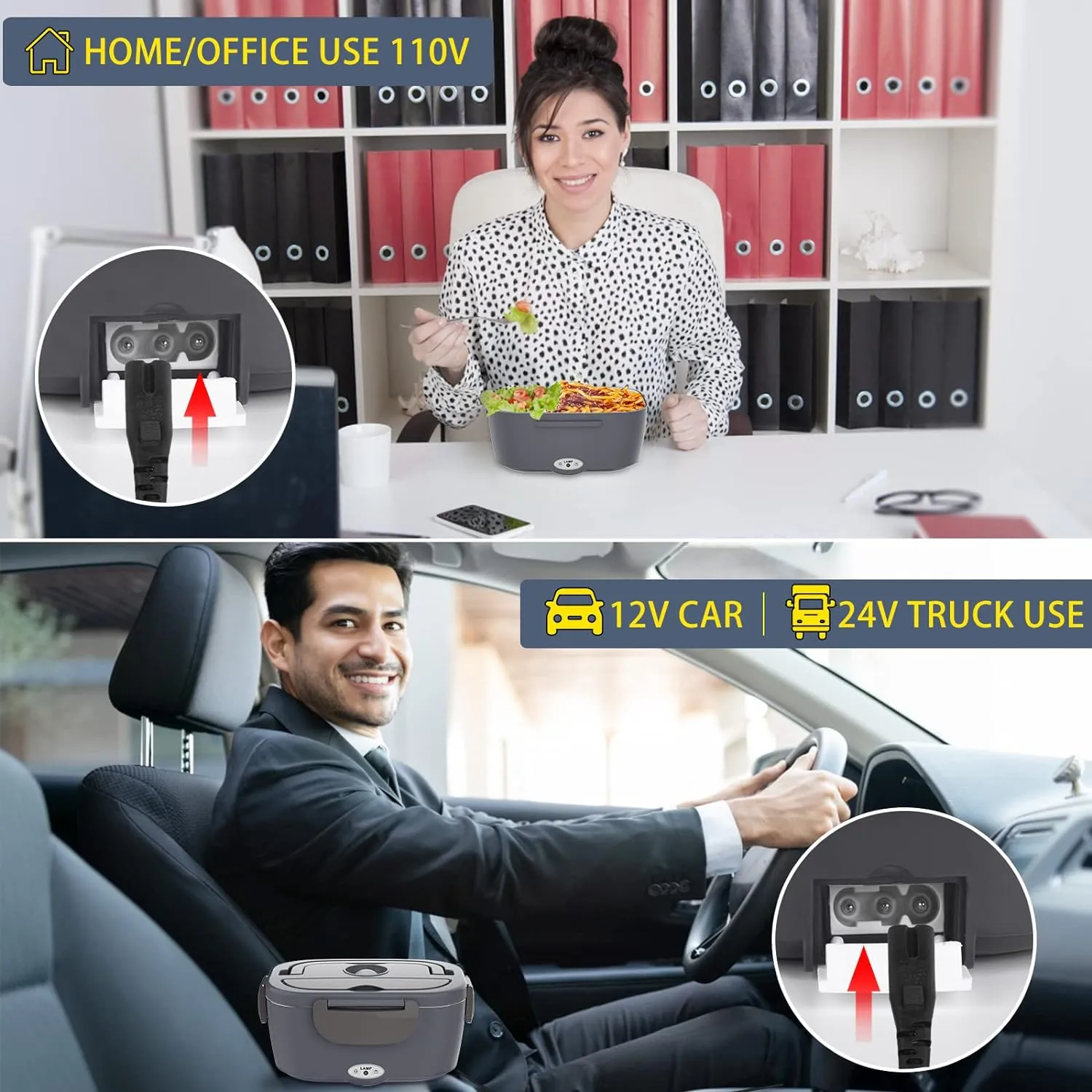 Electric Lunch Box Food Heater 3 in 1 Portable Warmer Leakproof Heated Box for Adults, 12V/24V 110V Heating Microwave for Car/Home with 1.5L Removable Stainless Steel Container