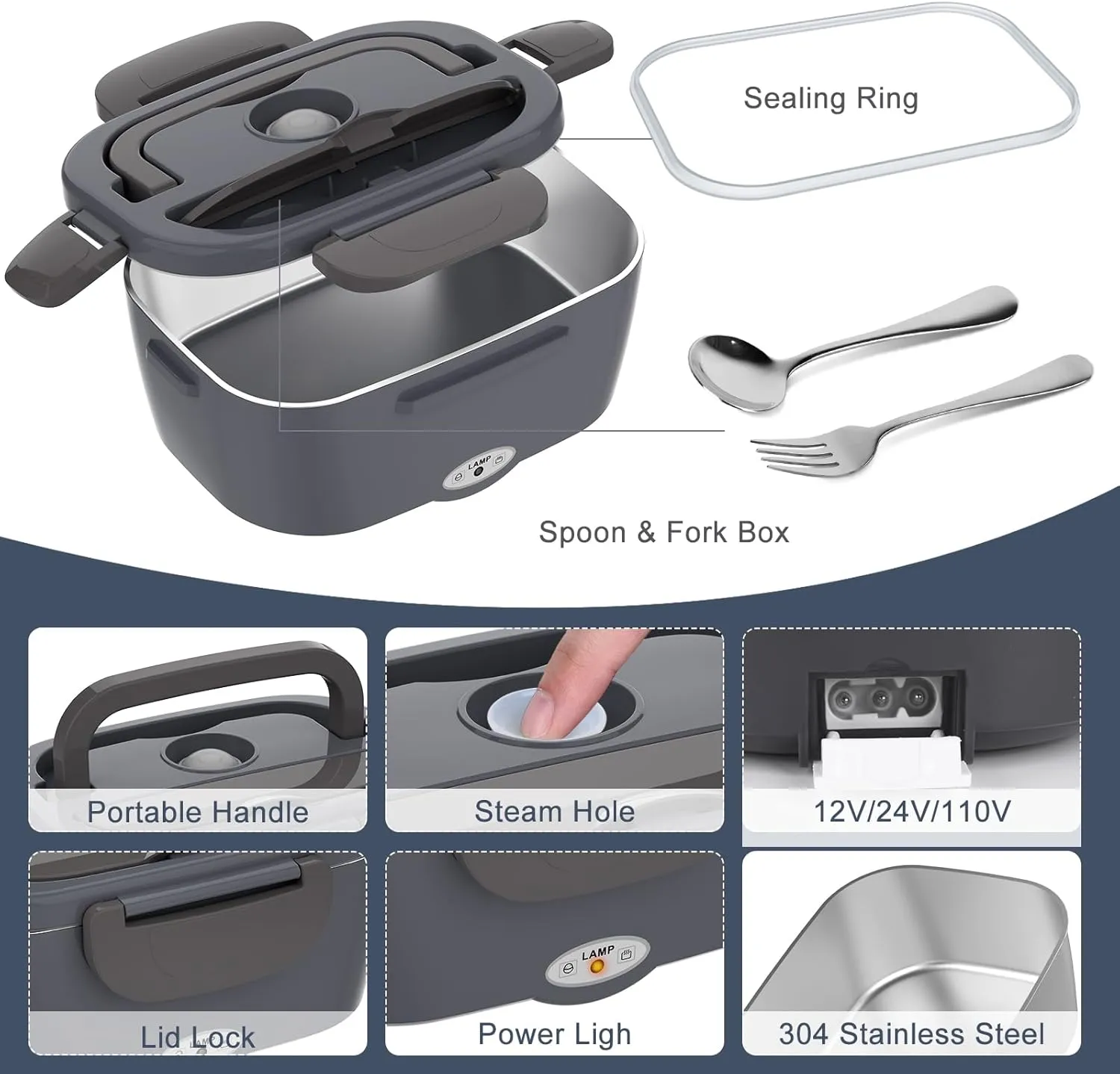 Electric Lunch Box Food Heater 3 in 1 Portable Warmer Leakproof Heated Box for Adults, 12V/24V 110V Heating Microwave for Car/Home with 1.5L Removable Stainless Steel Container