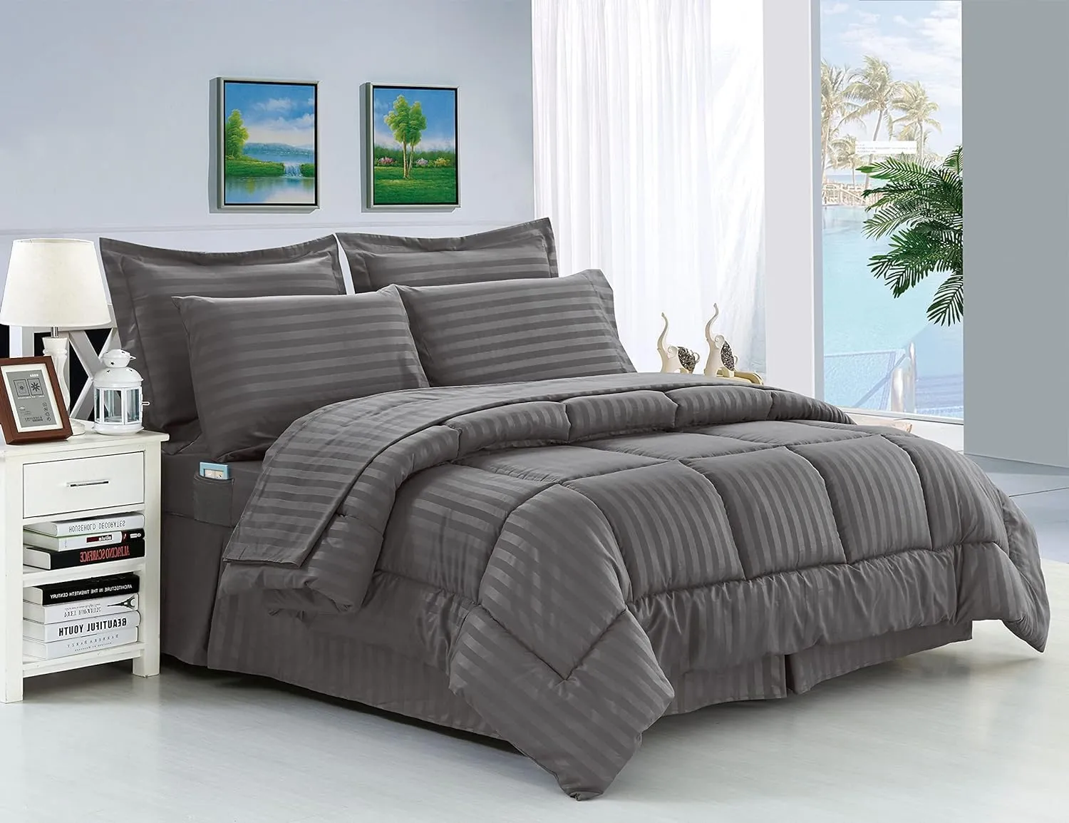 Elegant Comfort Wrinkle Resistant - Silky Soft Dobby Stripe Bed-in-a-Bag 8-Piece Comforter Set - King Grey