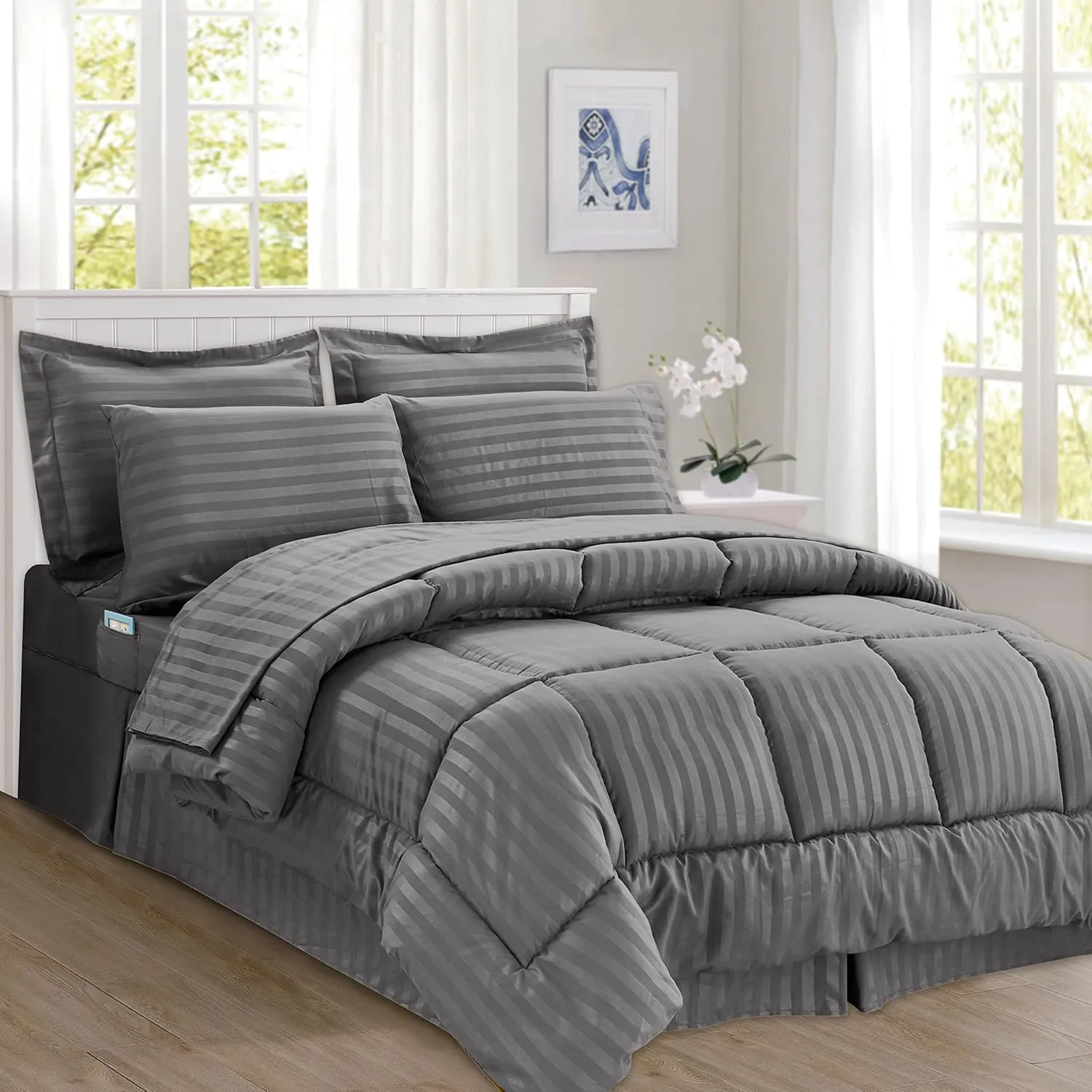 Elegant Comfort Wrinkle Resistant - Silky Soft Dobby Stripe Bed-in-a-Bag 8-Piece Comforter Set - King Grey