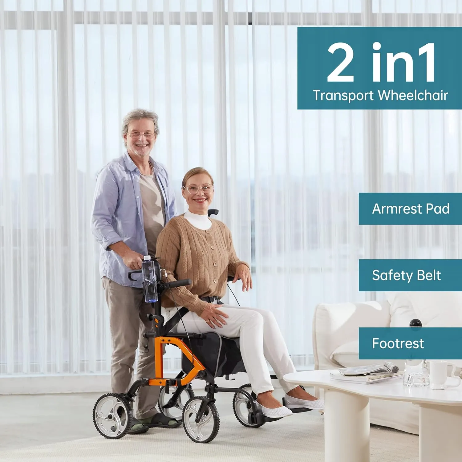 ELENKER 2 in 1 Rollator Walker & Transport Chair, Folding Wheelchair with 10” Non-Slip Wheels for Seniors, Reversible Backrest & Detachable Footrests, Orange