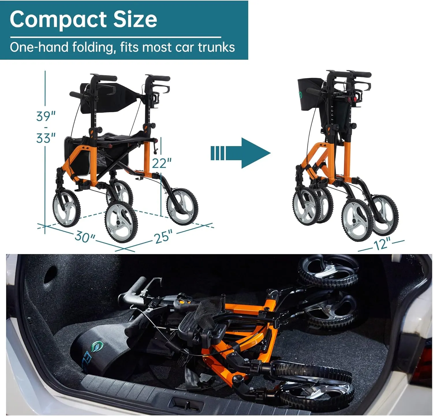 ELENKER 2 in 1 Rollator Walker & Transport Chair, Folding Wheelchair with 10” Non-Slip Wheels for Seniors, Reversible Backrest & Detachable Footrests, Orange