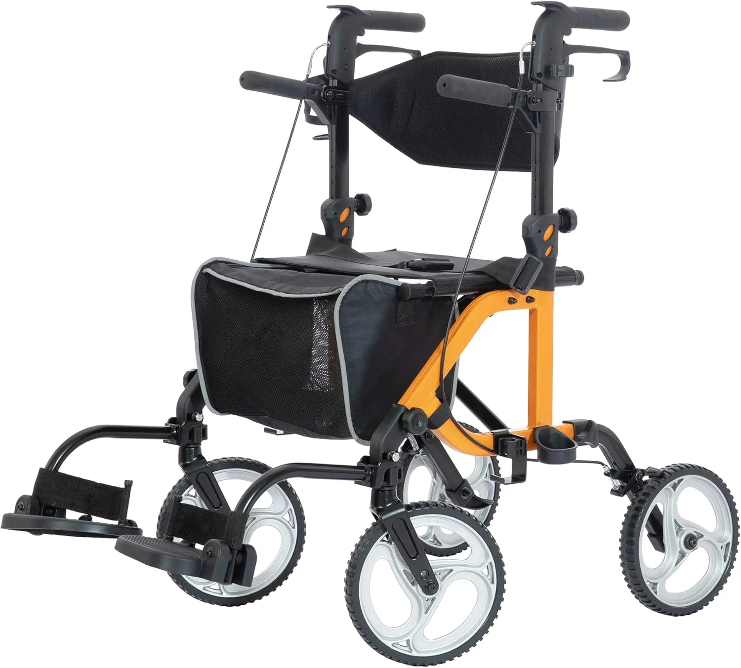 ELENKER 2 in 1 Rollator Walker & Transport Chair, Folding Wheelchair with 10” Non-Slip Wheels for Seniors, Reversible Backrest & Detachable Footrests, Orange