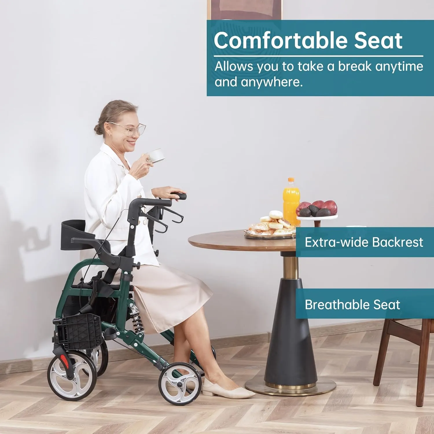 ELENKER 2 in 1 Rollator Walker & Transport Chair for Seniors, Folding Rolling Walker Wheelchair Combo with Wide Seat and Shock Absorber, Green