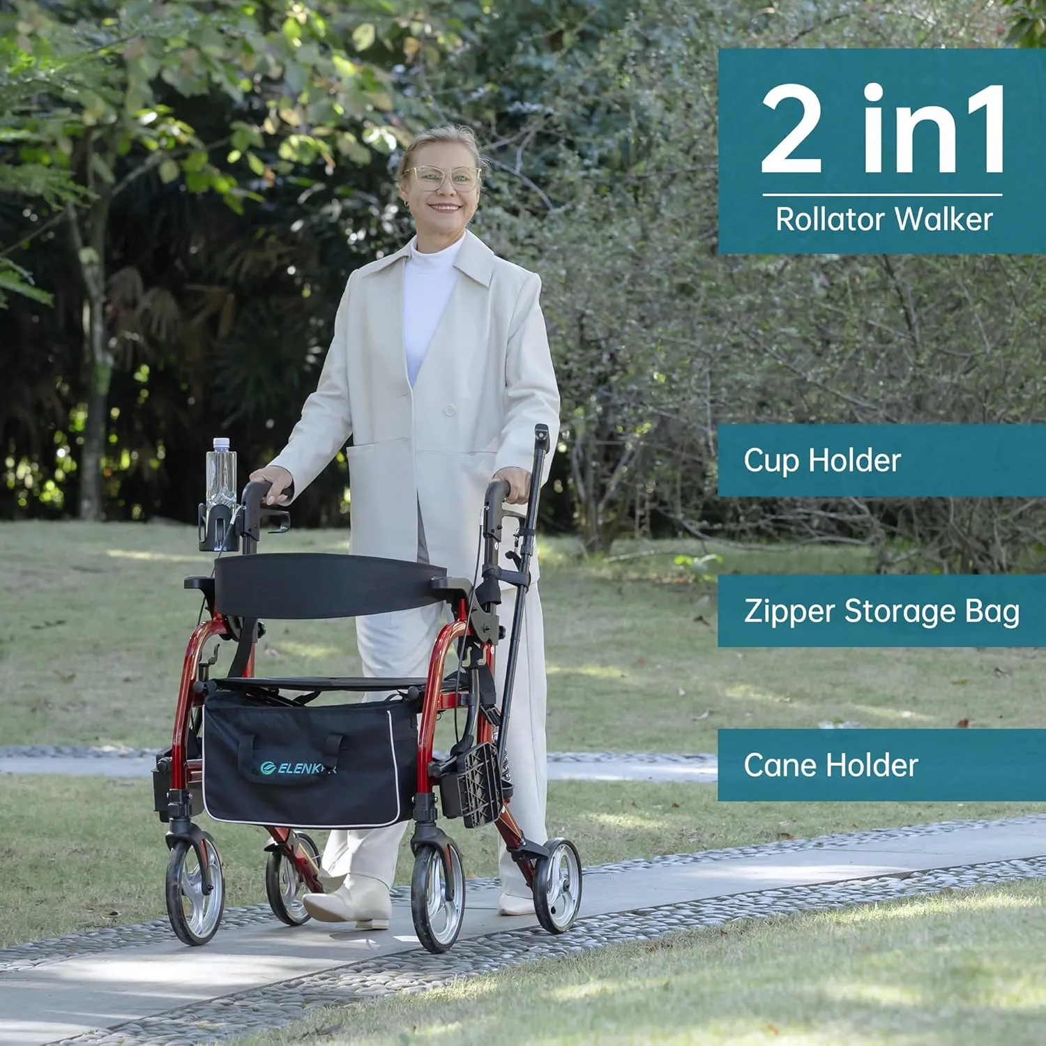 ELENKER 2 in 1 Rollator Walker & Transport Chair for Seniors, Folding Rolling Walker Wheelchair Combo with Wide Seat and Shock Absorber, Red