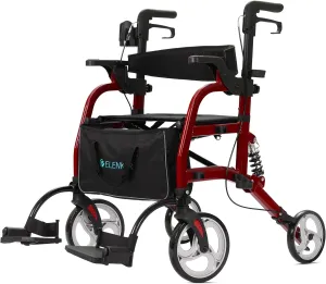 ELENKER 2 in 1 Rollator Walker & Transport Chair for Seniors, Folding Rolling Walker Wheelchair Combo with Wide Seat and Shock Absorber, Red