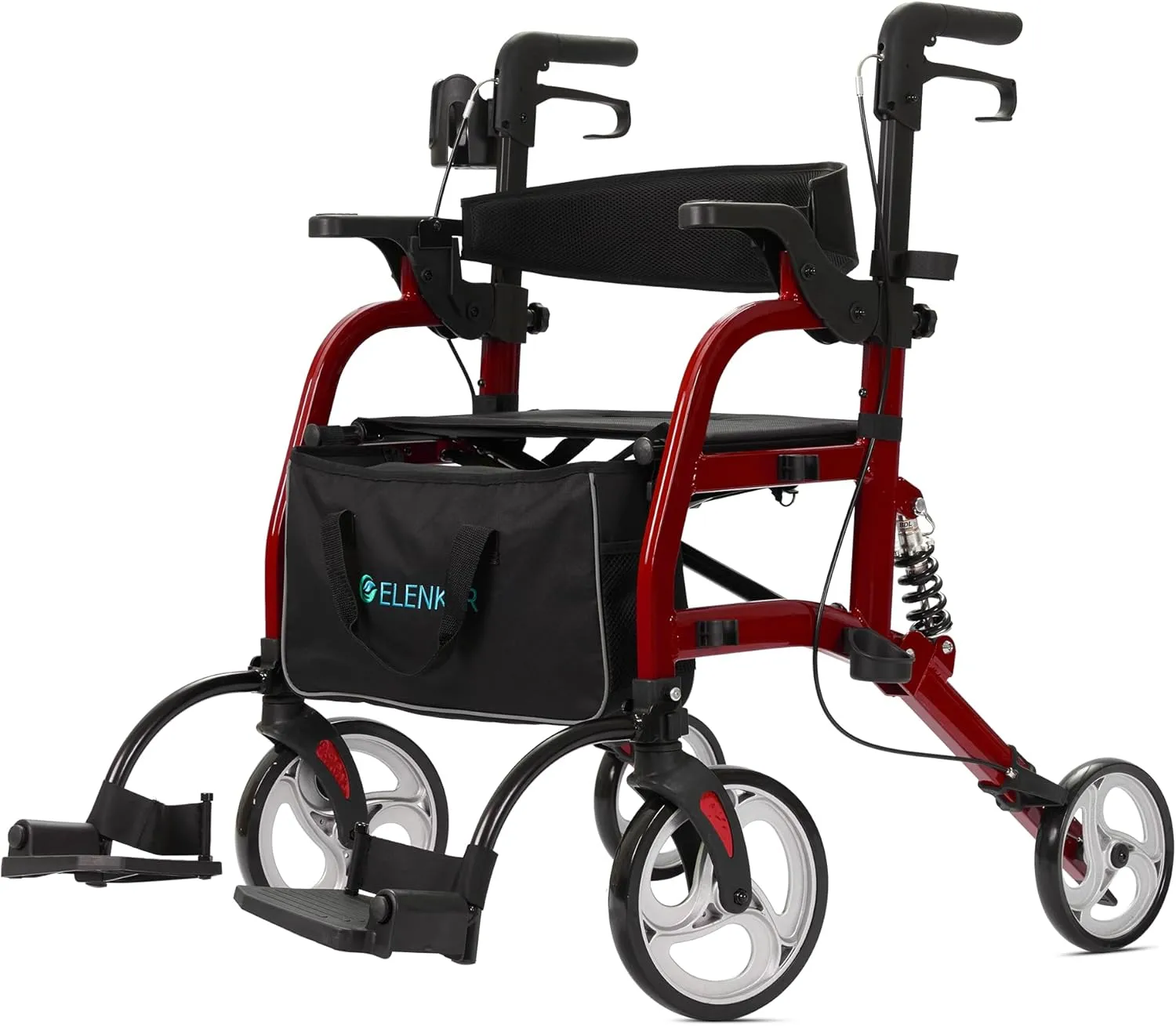 ELENKER 2 in 1 Rollator Walker & Transport Chair for Seniors, Folding Rolling Walker Wheelchair Combo with Wide Seat and Shock Absorber, Red