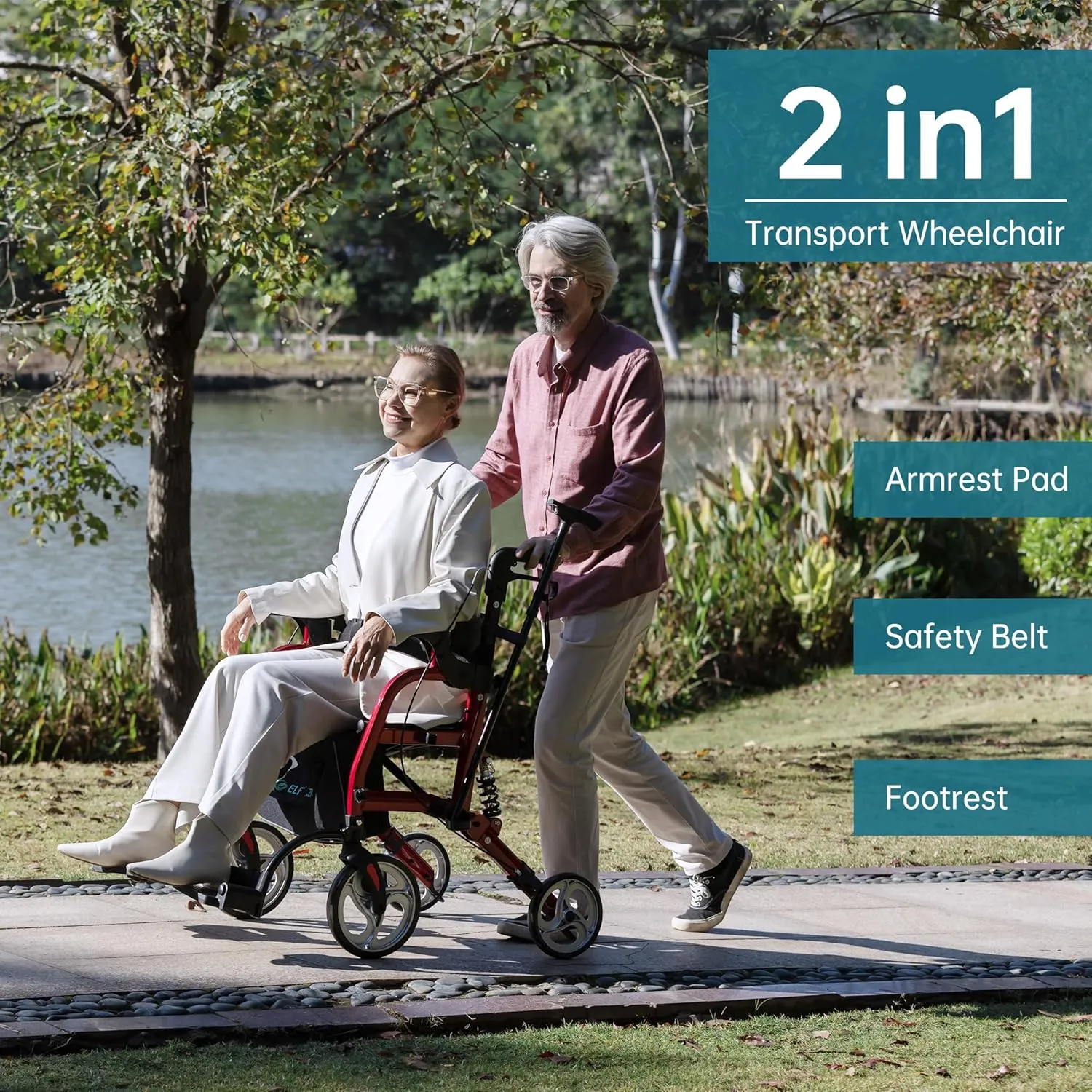ELENKER 2 in 1 Rollator Walker & Transport Chair for Seniors, Folding Rolling Walker Wheelchair Combo with Wide Seat and Shock Absorber, Red