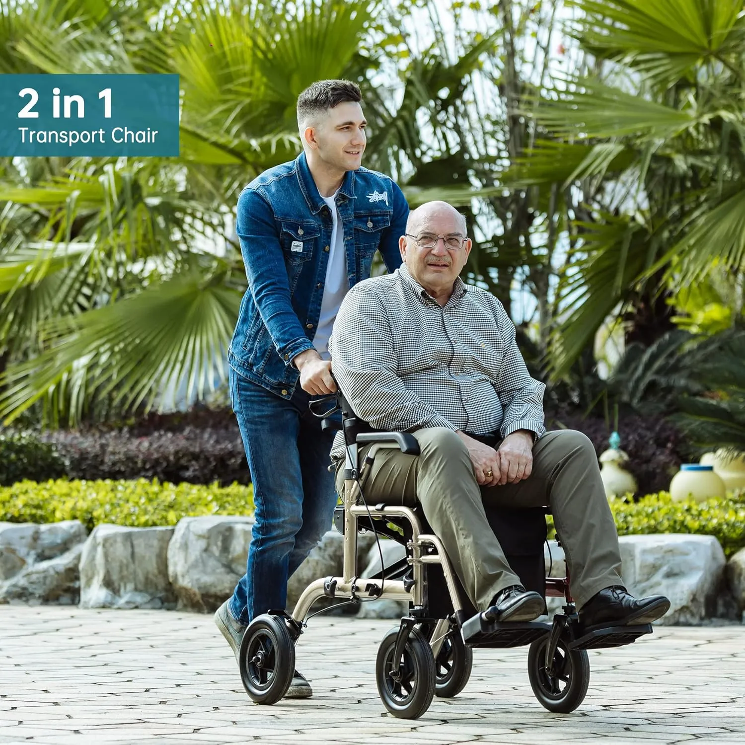 ELENKER All-Terrain 2 in 1 Rollator Walker & Transport Chair, Folding Wheelchair with All 10” Wheels for Seniors, Reversible Backrest & Detachable Footrests, Champagne