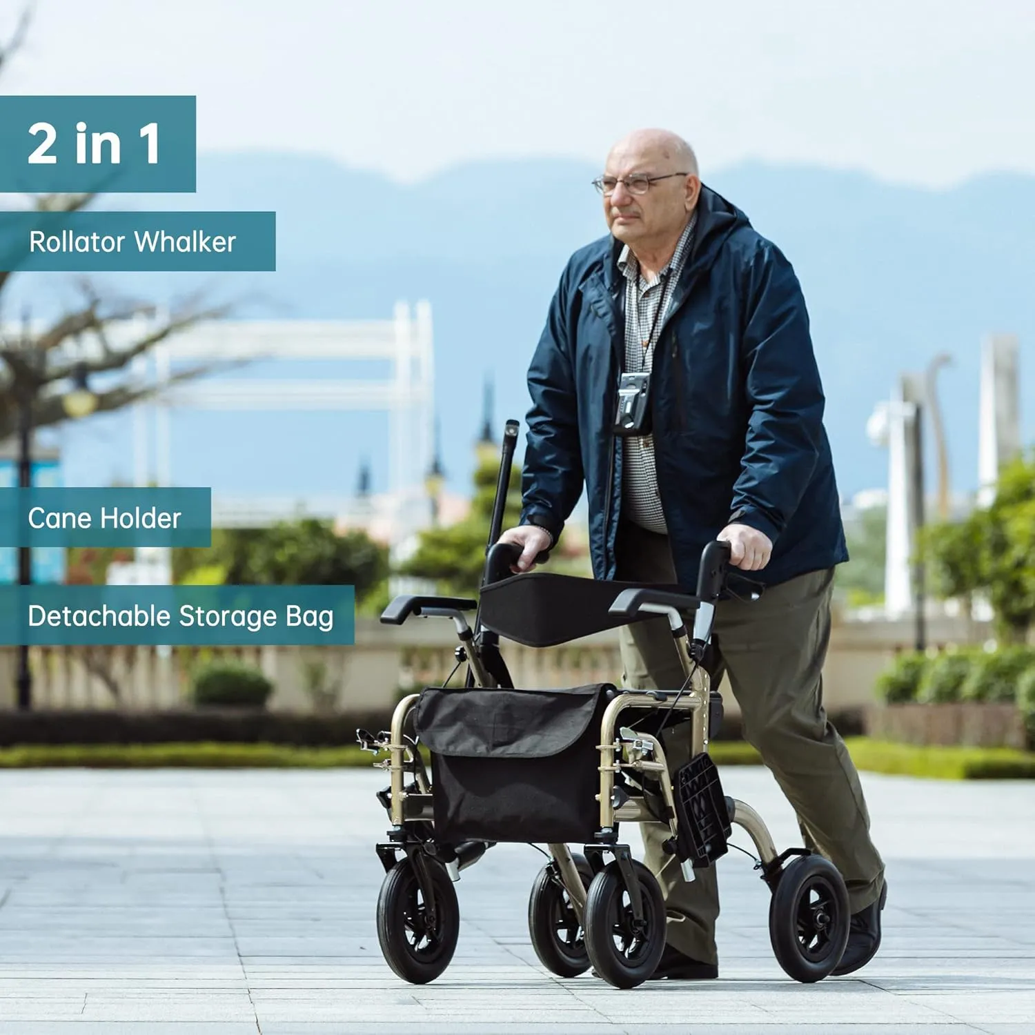 ELENKER All-Terrain 2 in 1 Rollator Walker & Transport Chair, Folding Wheelchair with All 10” Wheels for Seniors, Reversible Backrest & Detachable Footrests, Champagne