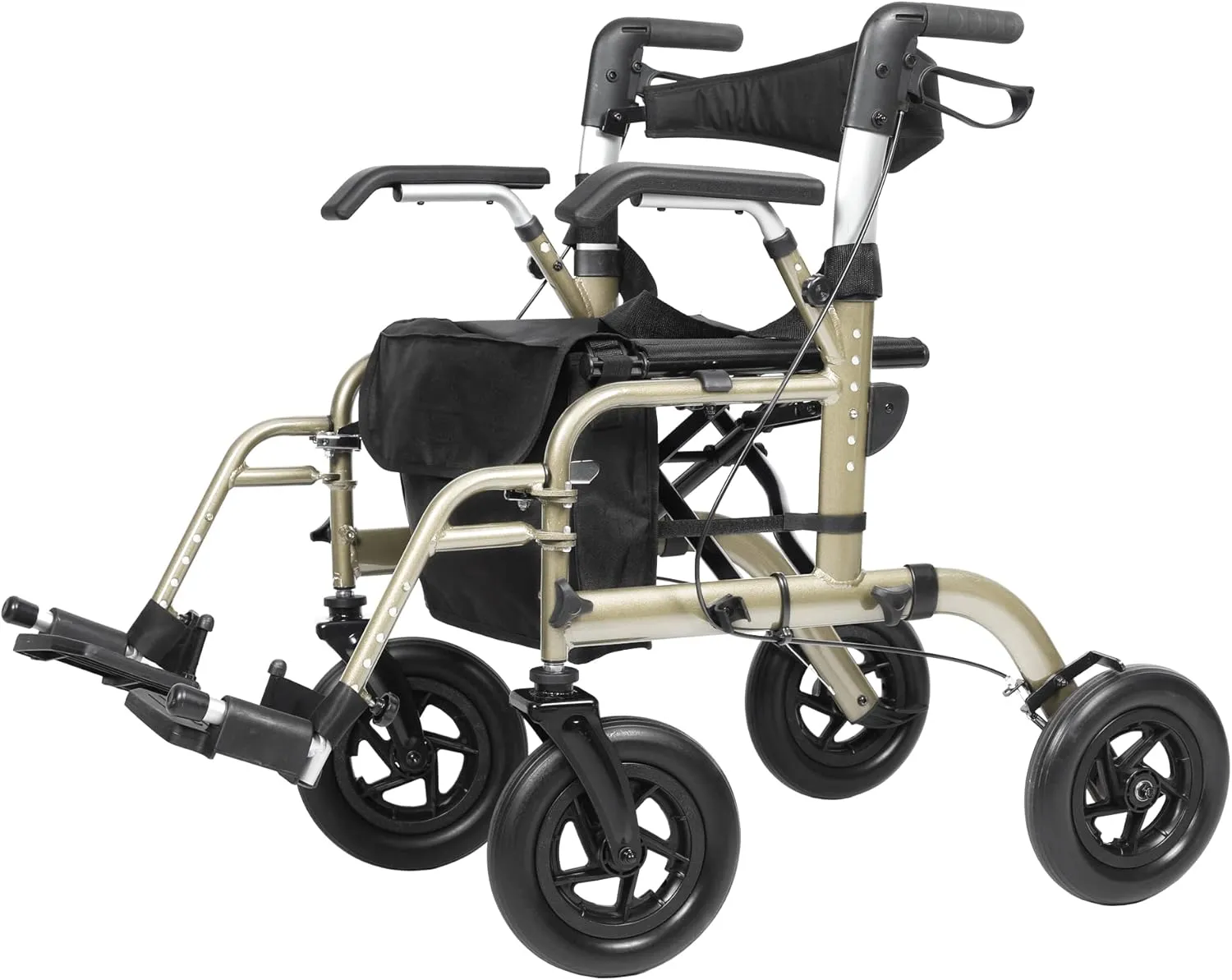 ELENKER All-Terrain 2 in 1 Rollator Walker & Transport Chair, Folding Wheelchair with All 10” Wheels for Seniors, Reversible Backrest & Detachable Footrests, Champagne