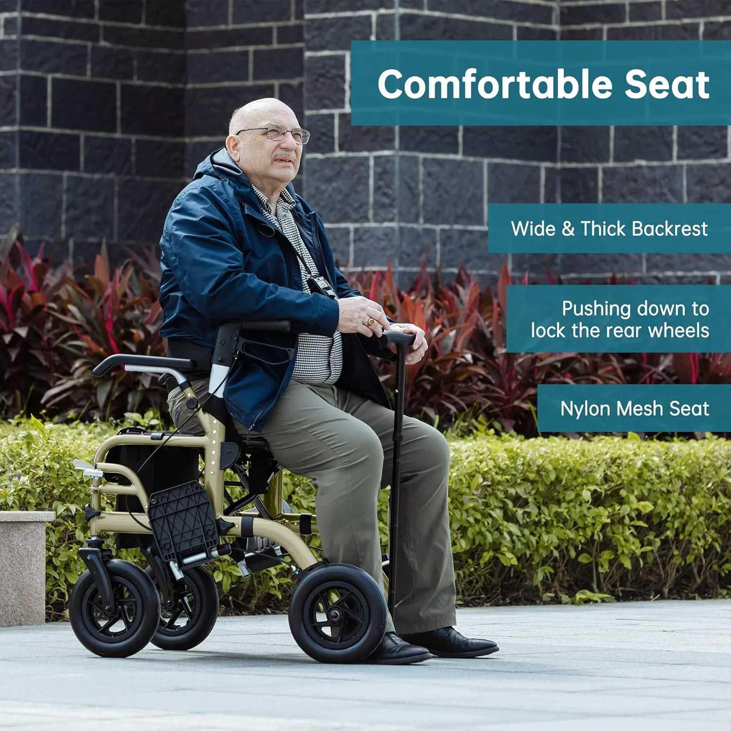 ELENKER All-Terrain 2 in 1 Rollator Walker & Transport Chair, Folding Wheelchair with All 10” Wheels for Seniors, Reversible Backrest & Detachable Footrests, Champagne