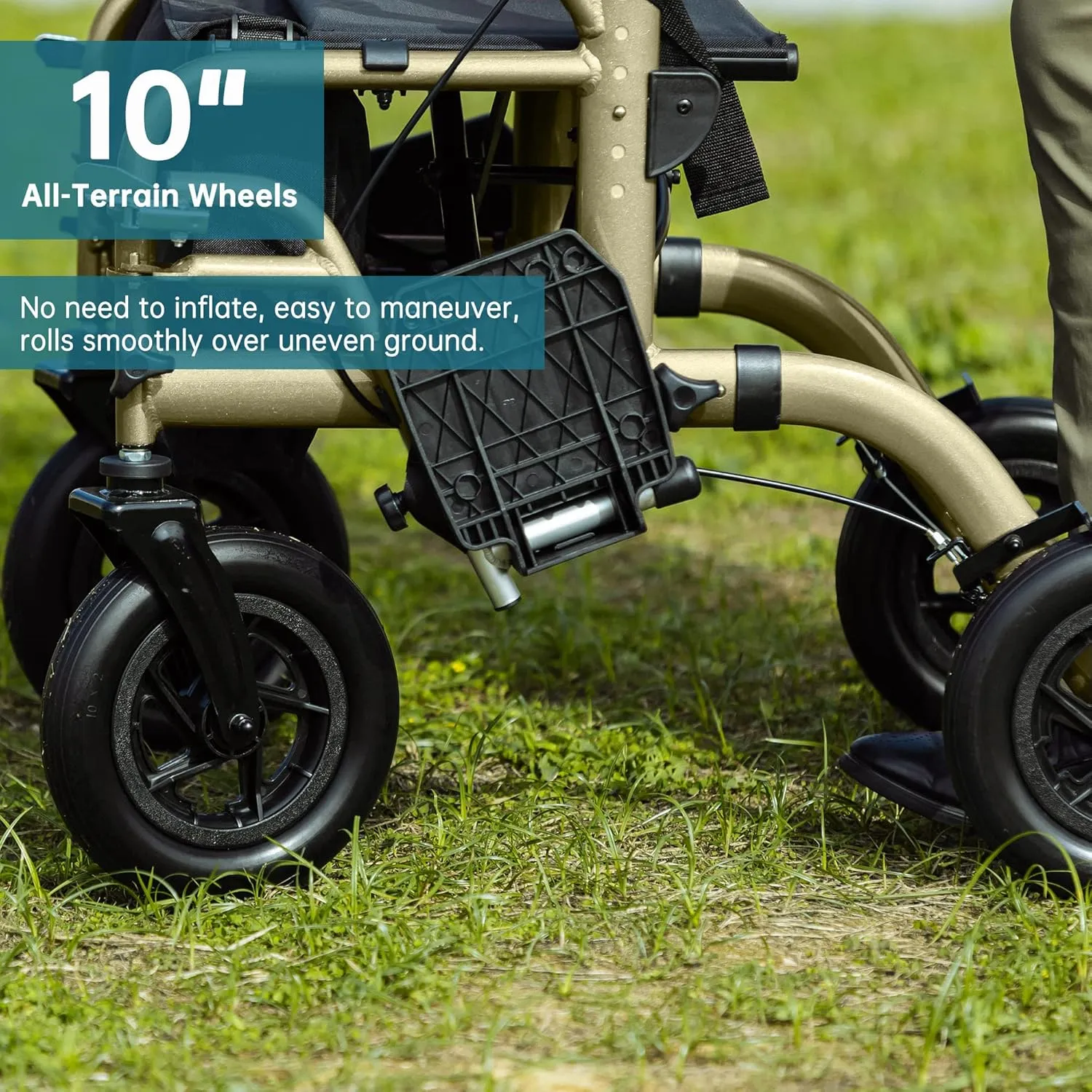 ELENKER All-Terrain 2 in 1 Rollator Walker & Transport Chair, Folding Wheelchair with All 10” Wheels for Seniors, Reversible Backrest & Detachable Footrests, Champagne