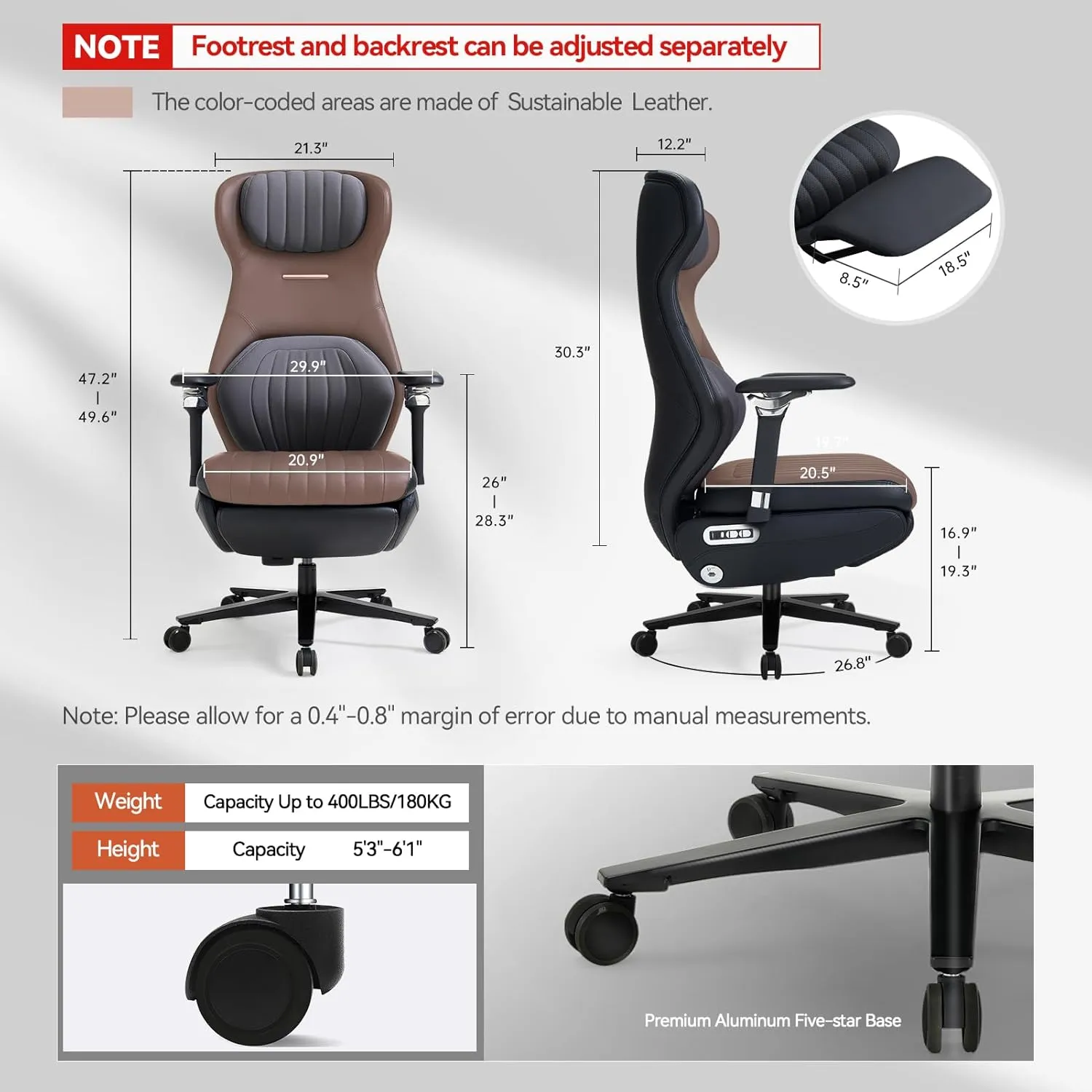 EMIAH Ergonomic Office Chair with Foot Rest Electric Reclining Office Chair with Adjustable Headrest, 8D Coordinated Armrests High Back Computer Chair with Lumbar Support,Sustainable Leather(Black)